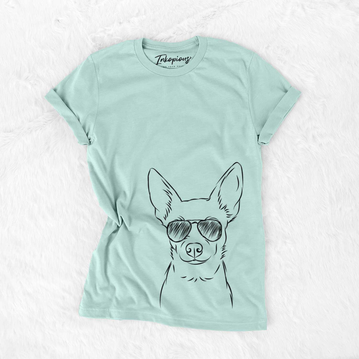 Hand-drawn sketch of Martini the Chihuahua wearing aviator sunglasses on a Heather Sage Unisex crewneck