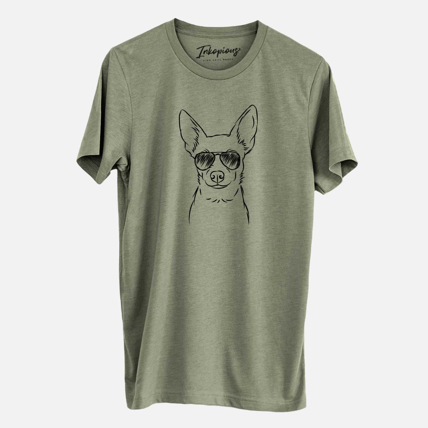 Hand-drawn sketch of Martini the Chihuahua wearing aviator sunglasses on an Olive Unisex crewneck