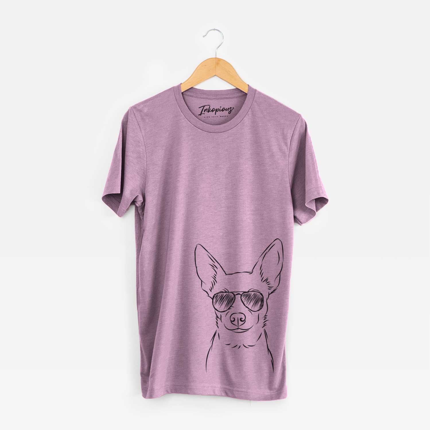 Hand-drawn sketch of Martini the Chihuahua wearing aviator sunglasses on an Orchid Unisex crewneck