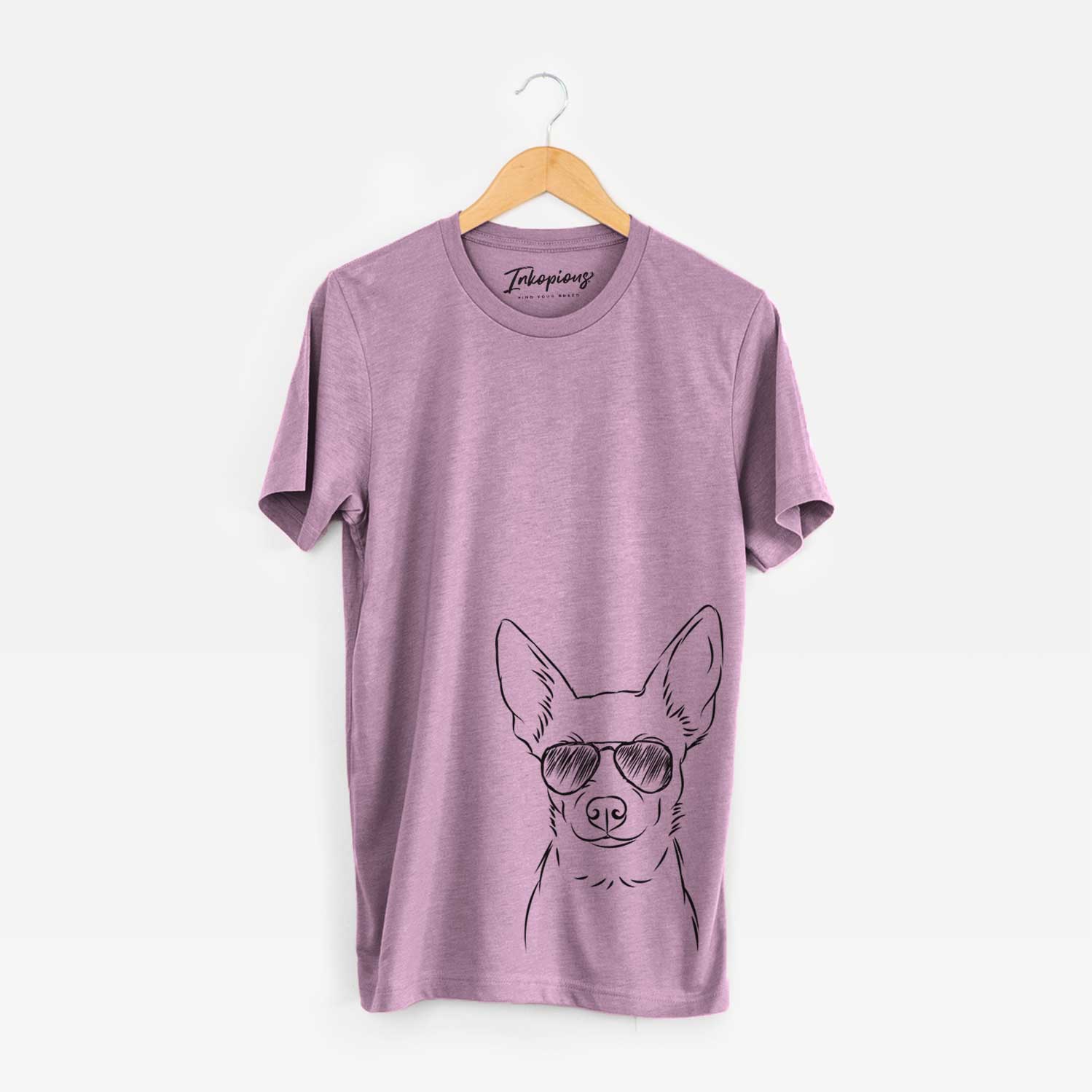 Hand-drawn sketch of Martini the Chihuahua wearing aviator sunglasses on an Orchid Bella Canvas Unisex Crewneck