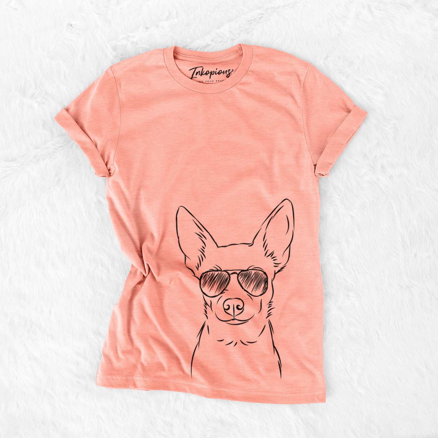 Hand-drawn sketch of Martini the Chihuahua wearing aviator sunglasses on a Sunset Bella Canvas Unisex Crewneck