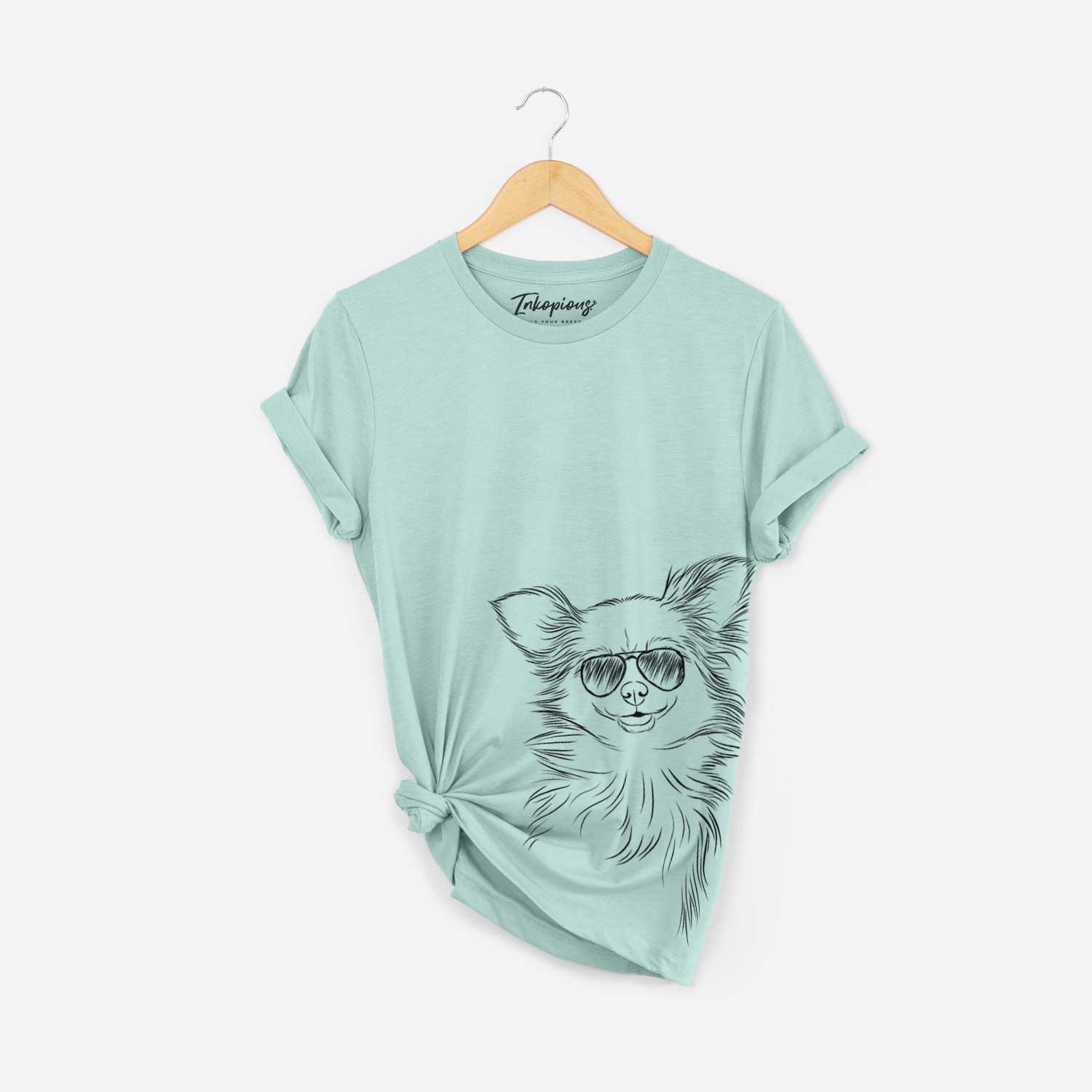 Hand-drawn sketch of Marzi the Long Haired Chihuahua wearing aviator sunglasses on a Heather Sage Bella Canvas Unisex Crewneck