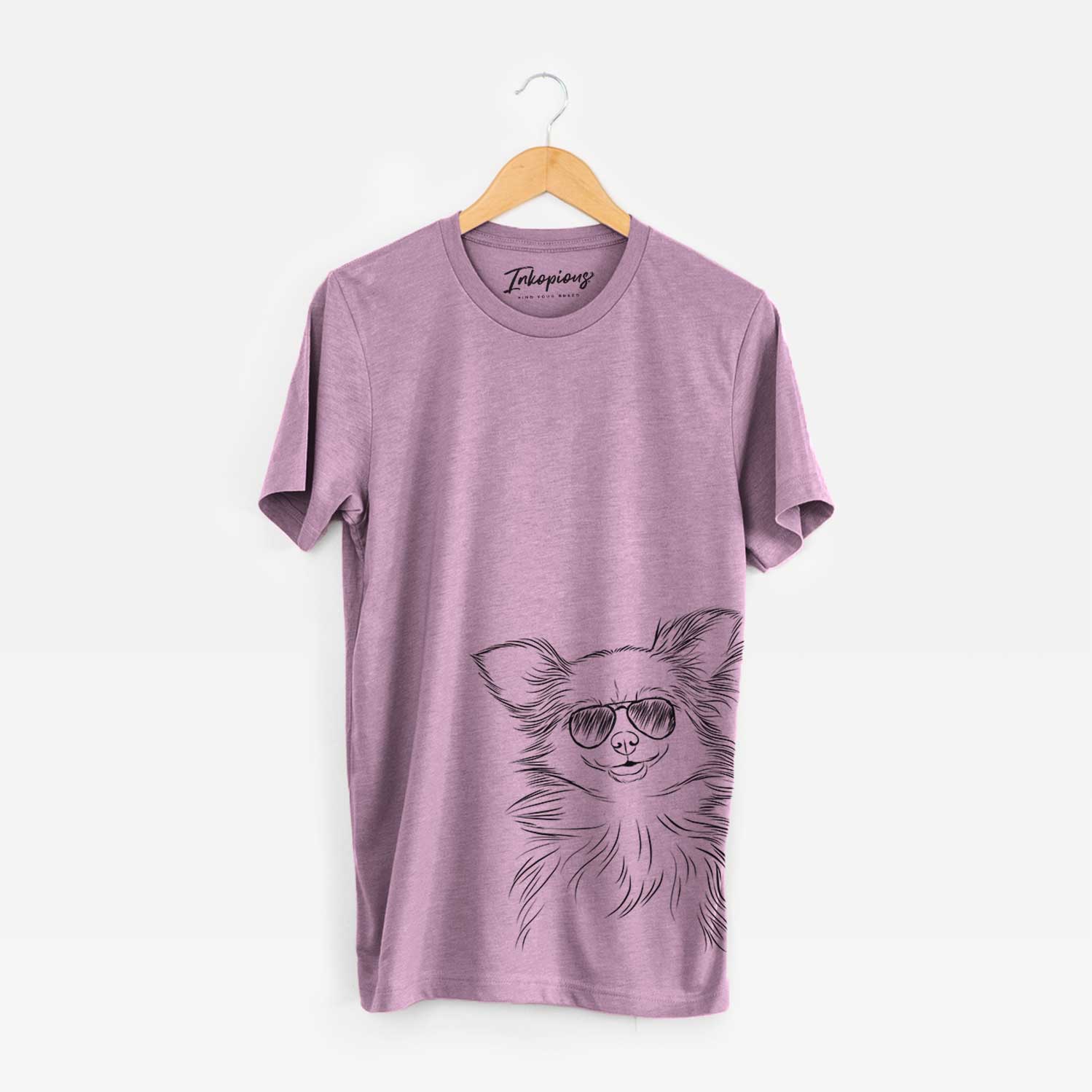 Hand-drawn sketch of Marzi the Long Haired Chihuahua wearing aviator sunglasses on an Orchid Bella Canvas Unisex Crewneck