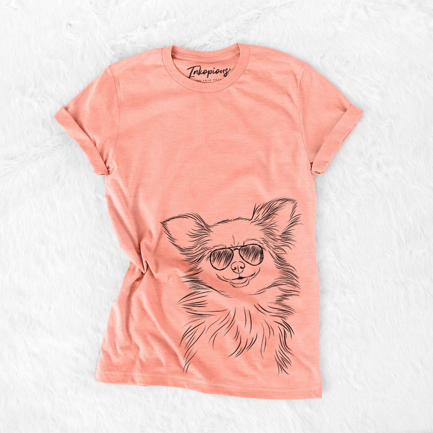 Hand-drawn sketch of Marzi the Long Haired Chihuahua wearing aviator sunglasses on a Sunset Bella Canvas Unisex Crewneck