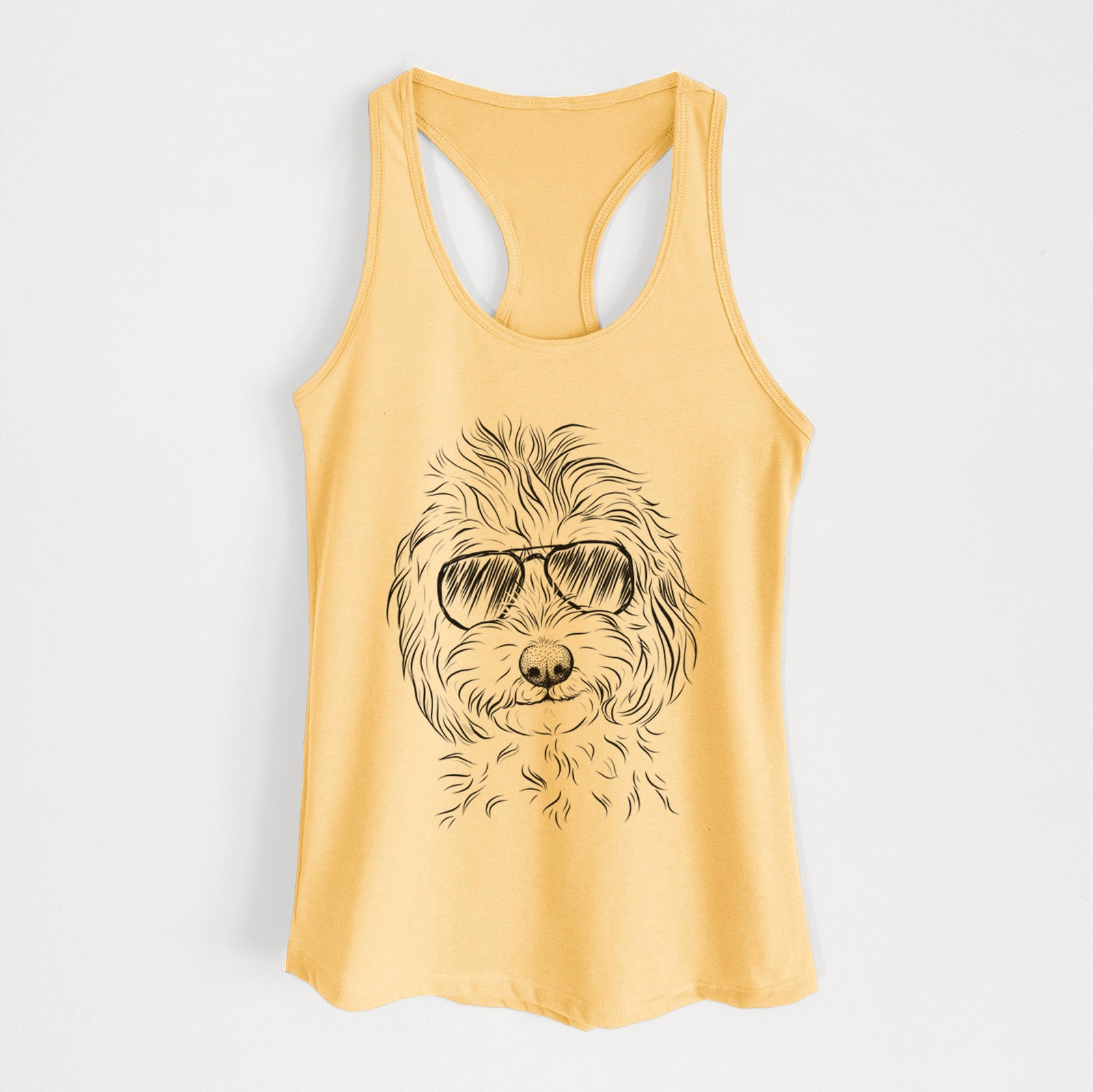 Hand-drawn sketch of Mason the Cavapoo wearing aviator sunglasses on a Banana Cream Women's racerback tanktop