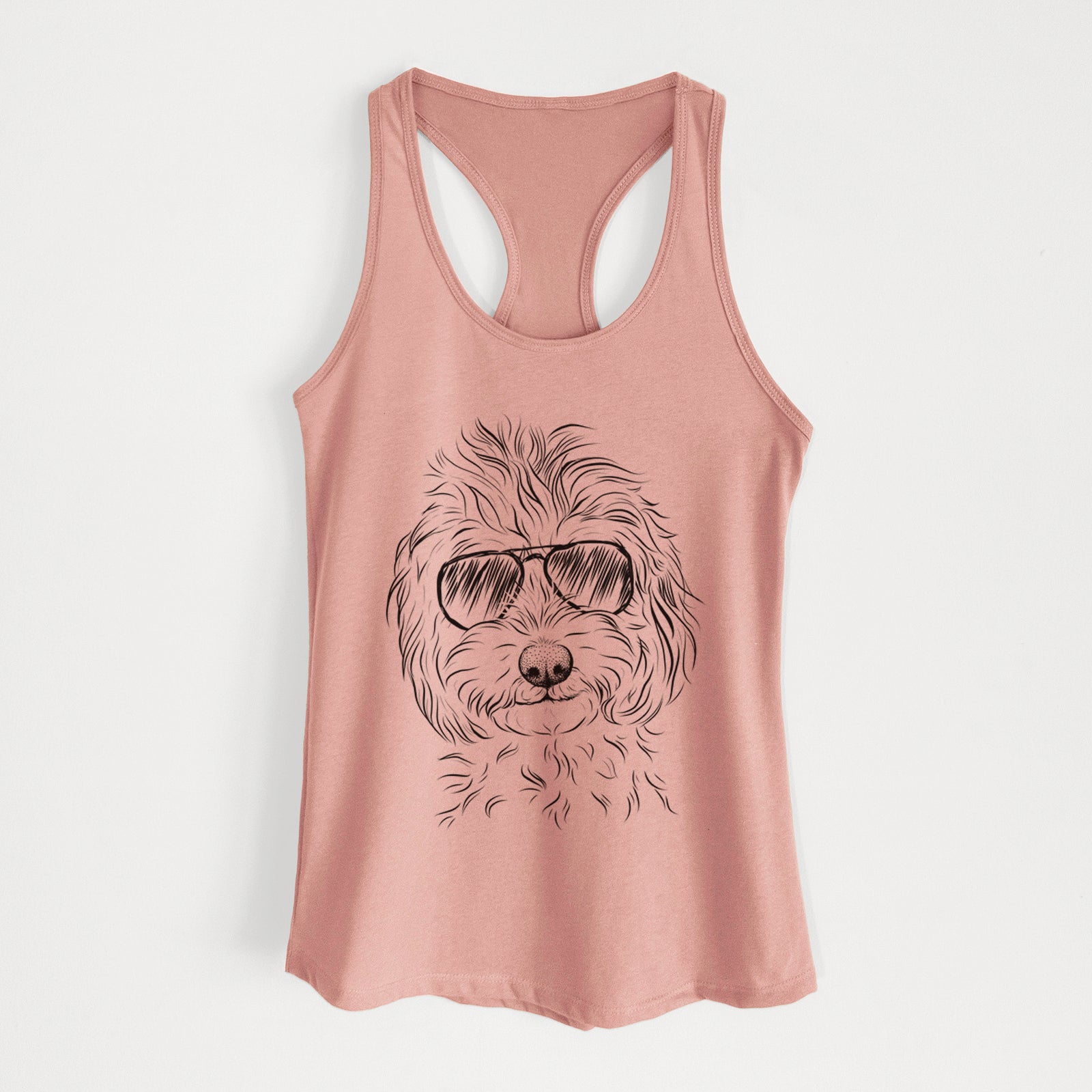 Hand-drawn sketch of Mason the Cavapoo wearing aviator sunglasses on a Desert Pink Women's racerback tanktop