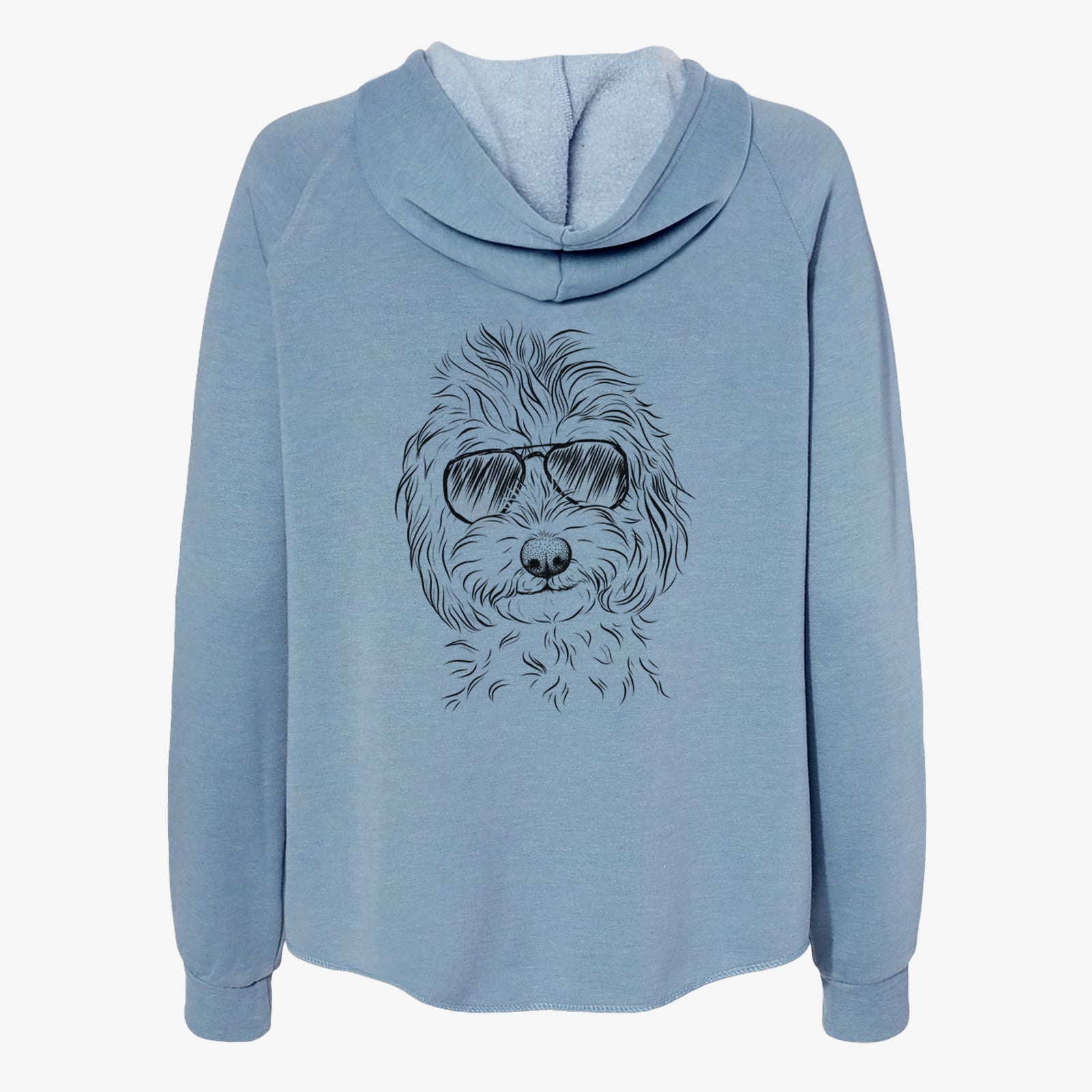 Hand-drawn sketch of Mason the Cavapoo wearing aviator sunglasses on a Misty Blue Women's cali wave zip-up sweatshirt