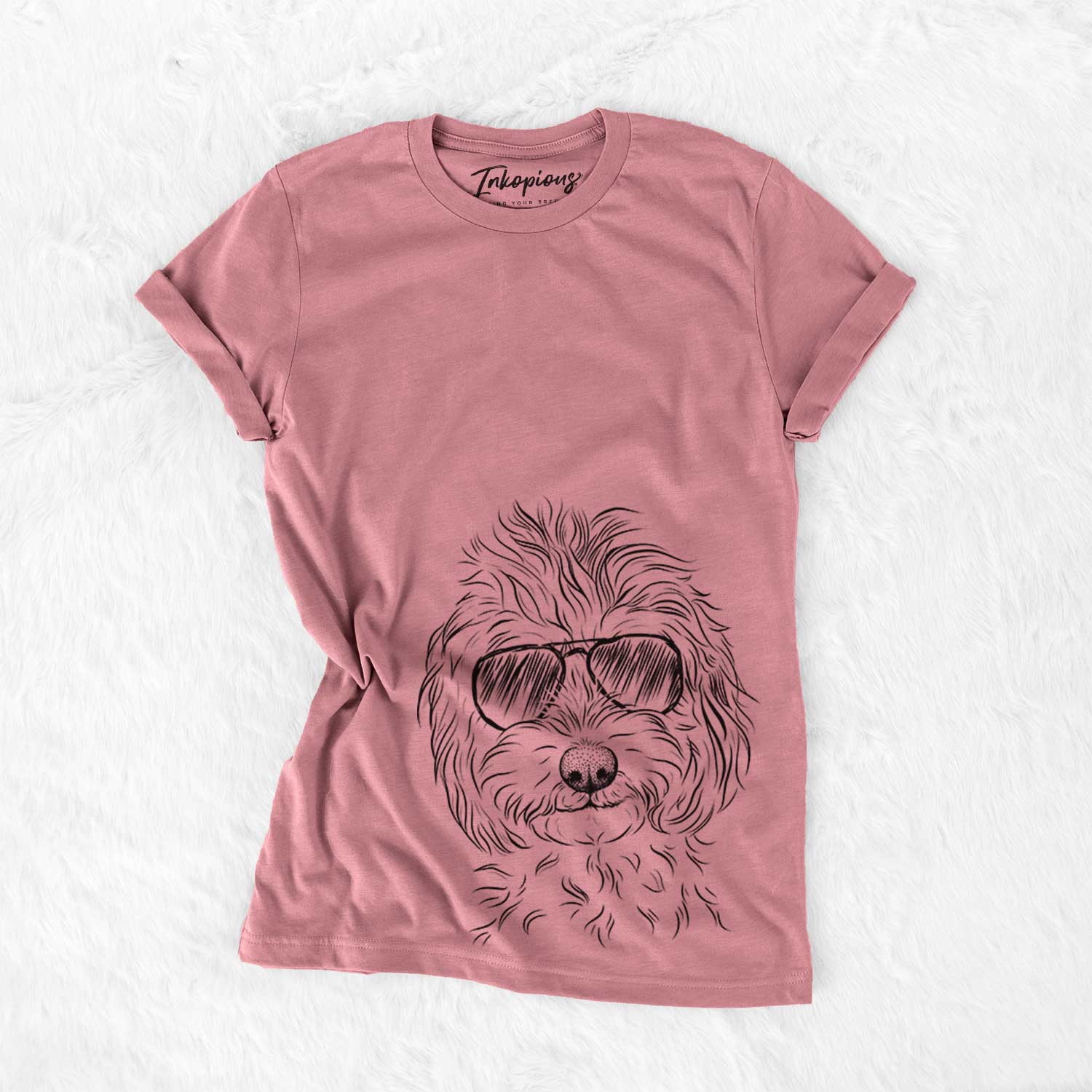 Hand-drawn sketch of Mason the Cavapoo wearing aviator sunglasses on a Mauve Bella Canvas Unisex Crewneck
