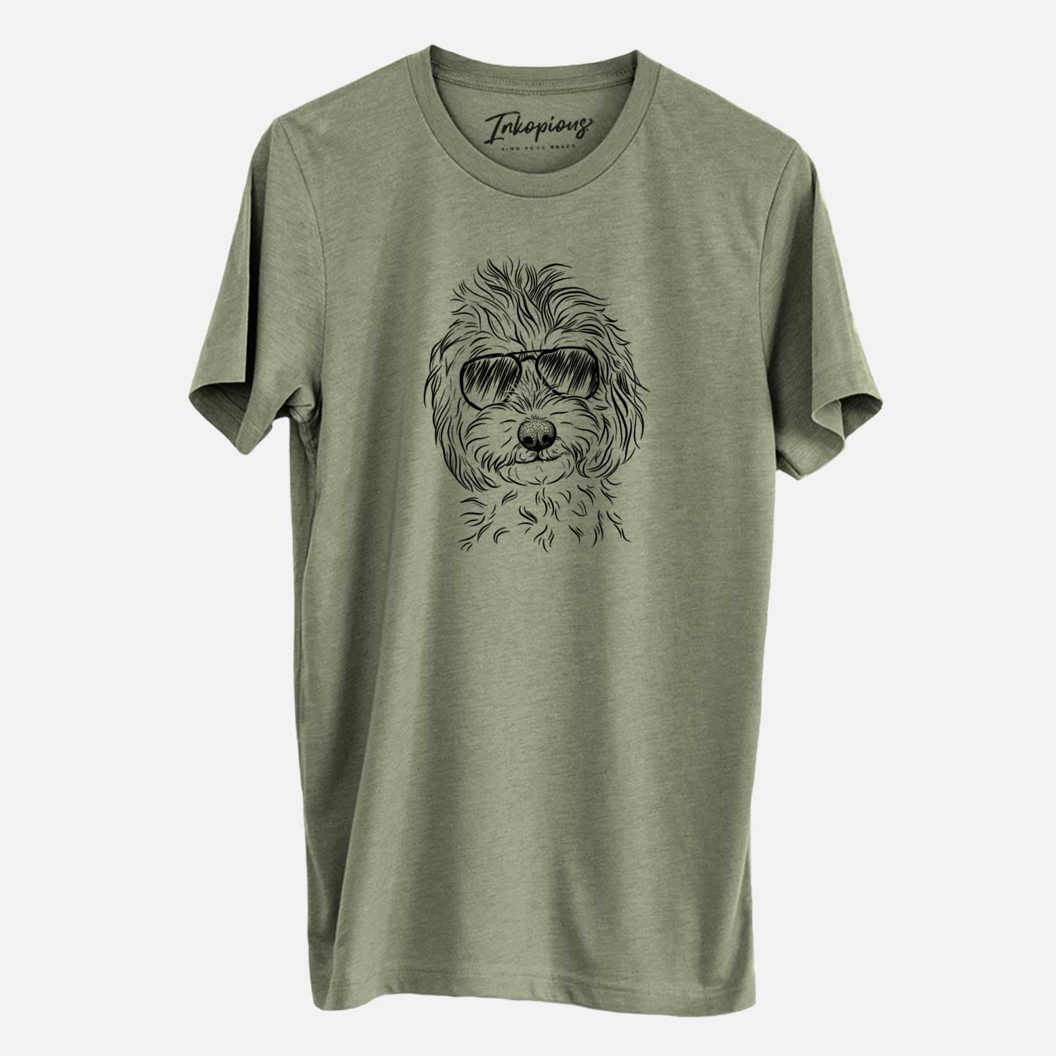 Hand-drawn sketch of Mason the Cavapoo wearing aviator sunglasses on an Olive Unisex crewneck