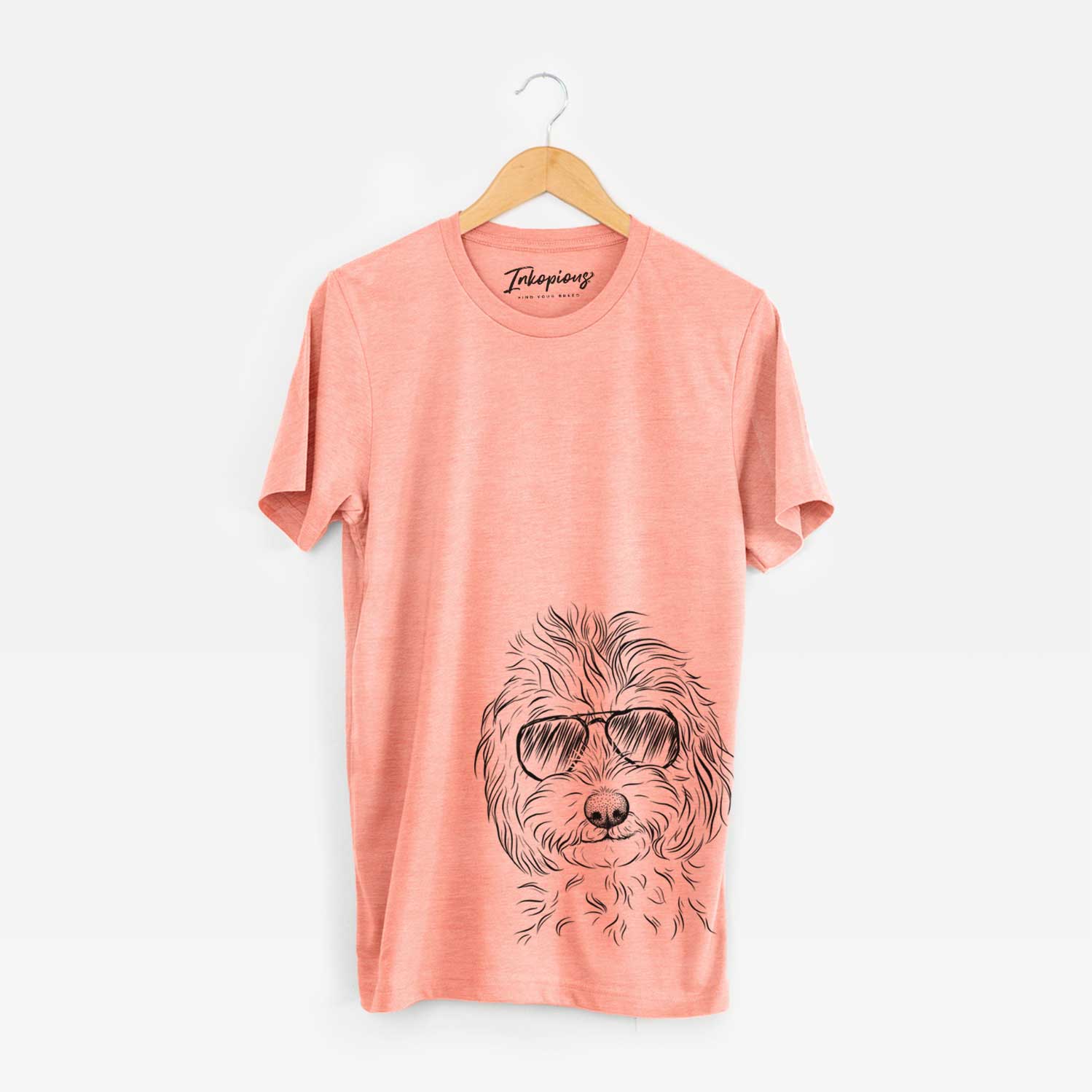 Hand-drawn sketch of Mason the Cavapoo wearing aviator sunglasses on a Sunset Unisex crewneck