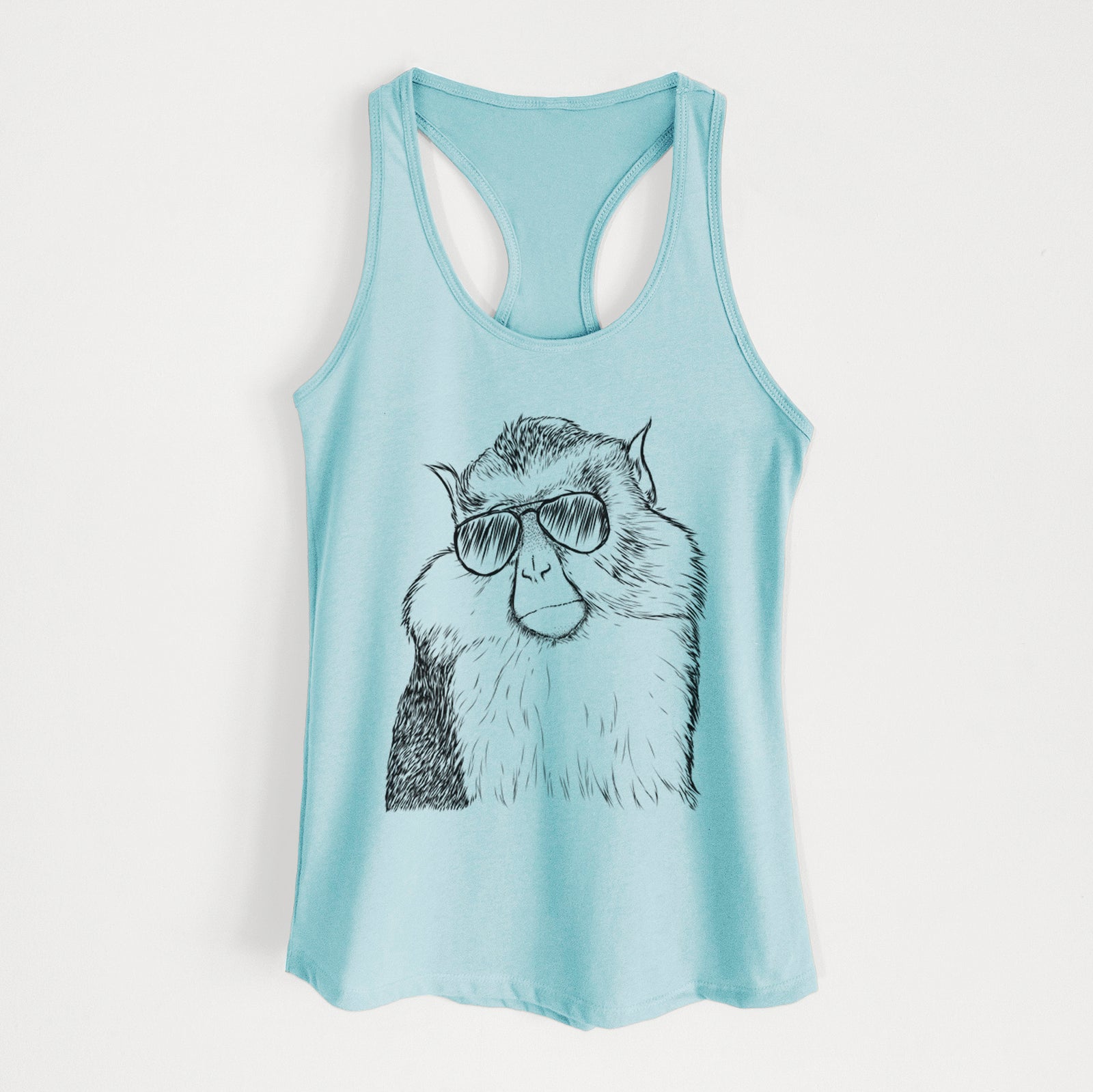 Hand-drawn sketch of Matata the Mona Monkey wearing aviator sunglasses on a Cancun Blue Women's racerback tanktop