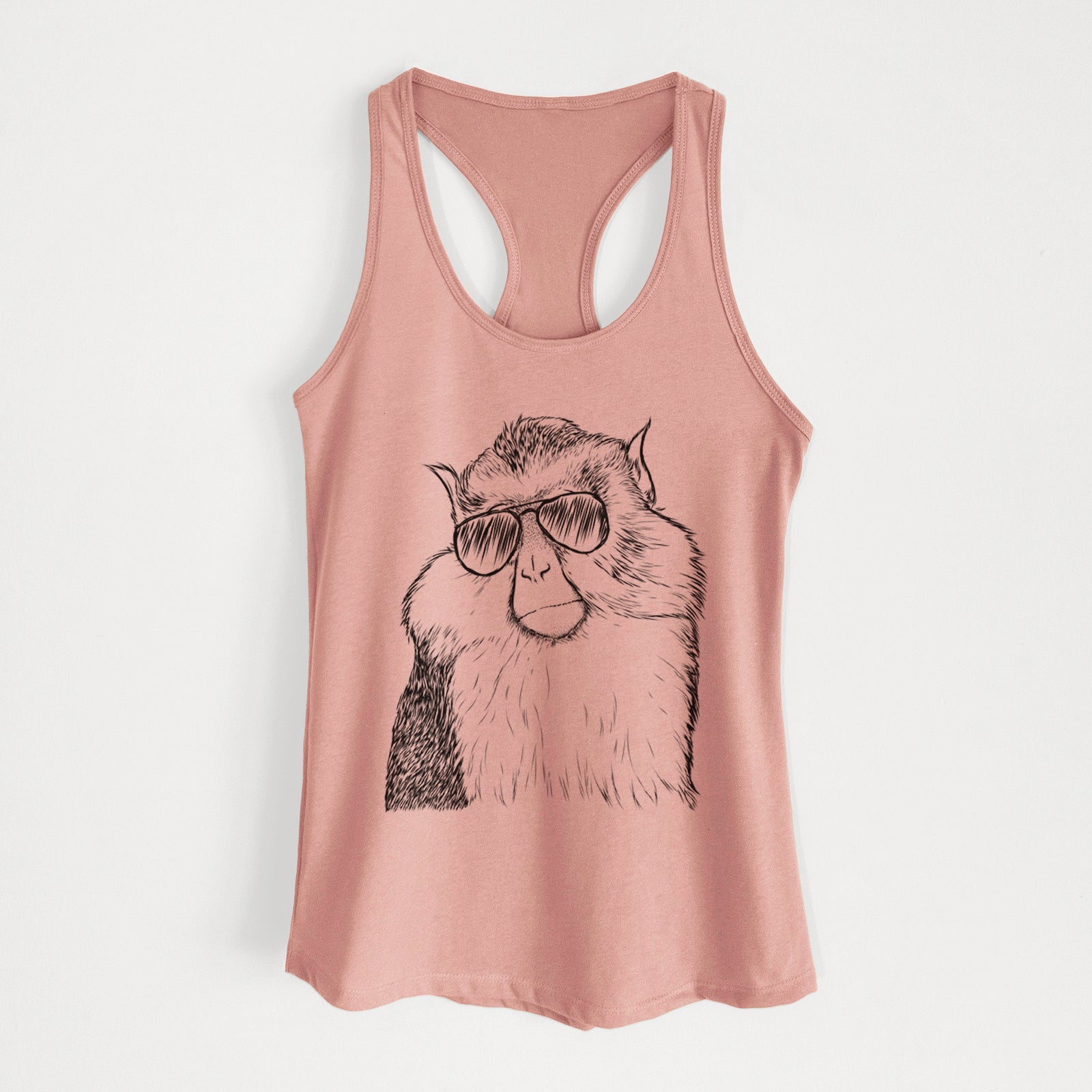 Hand-drawn sketch of Matata the Mona Monkey wearing aviator sunglasses on a Desert Pink Women's racerback tanktop
