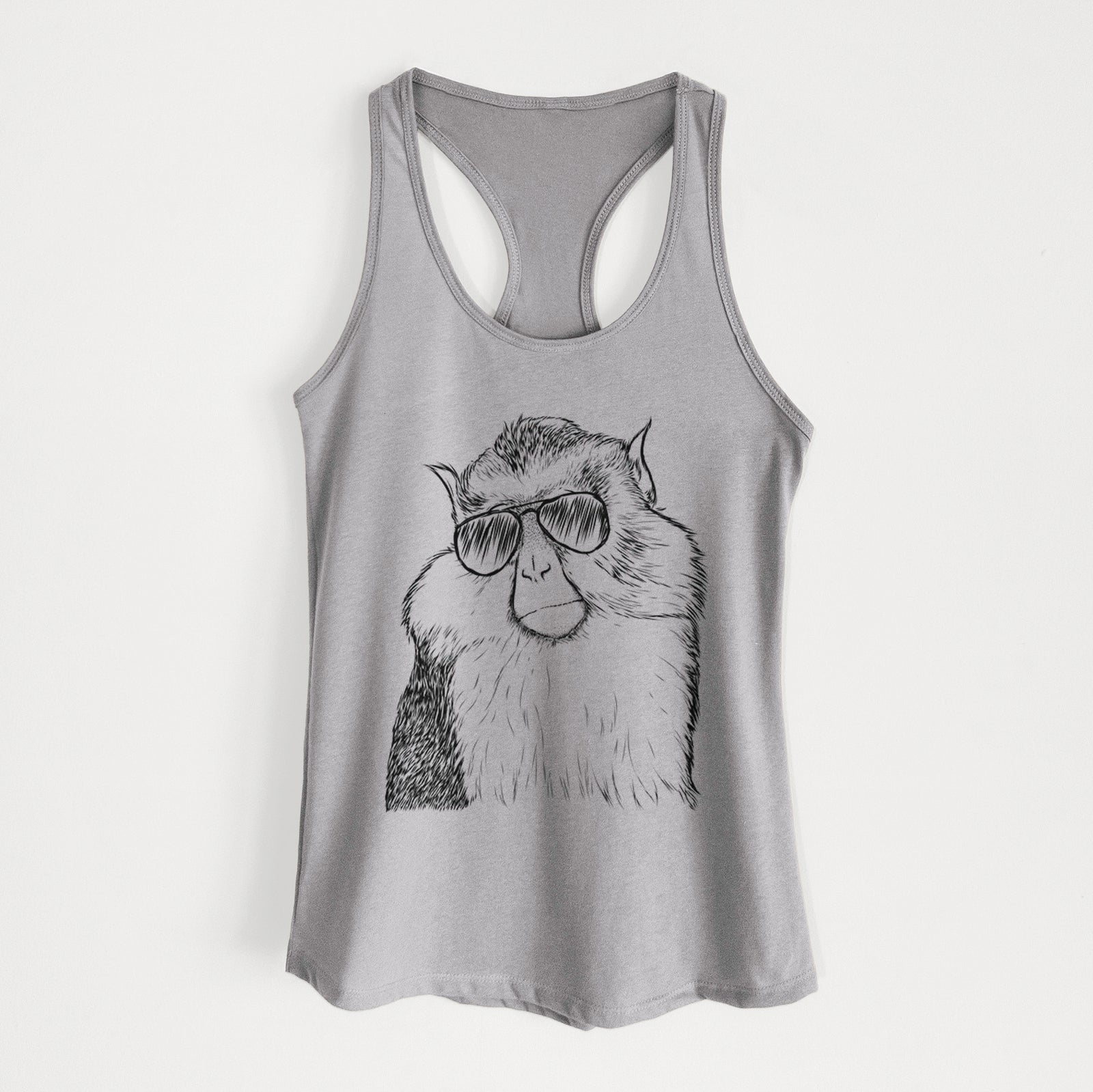 Hand-drawn sketch of Matata the Mona Monkey wearing aviator sunglasses on a Heather Grey Women's racerback tanktop