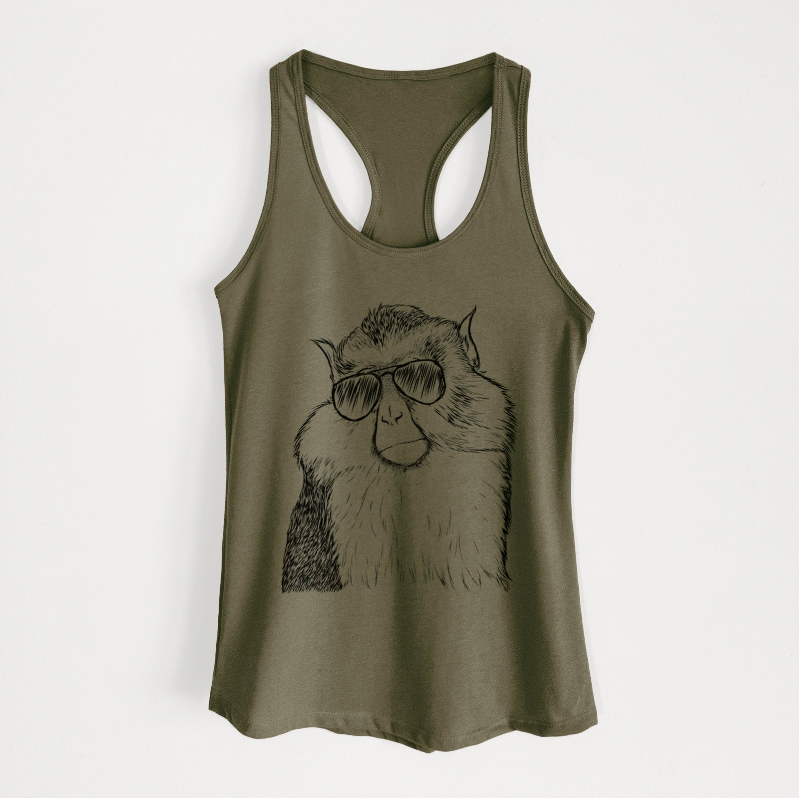 Hand-drawn sketch of Matata the Mona Monkey wearing aviator sunglasses on a Military Green Women's racerback tanktop