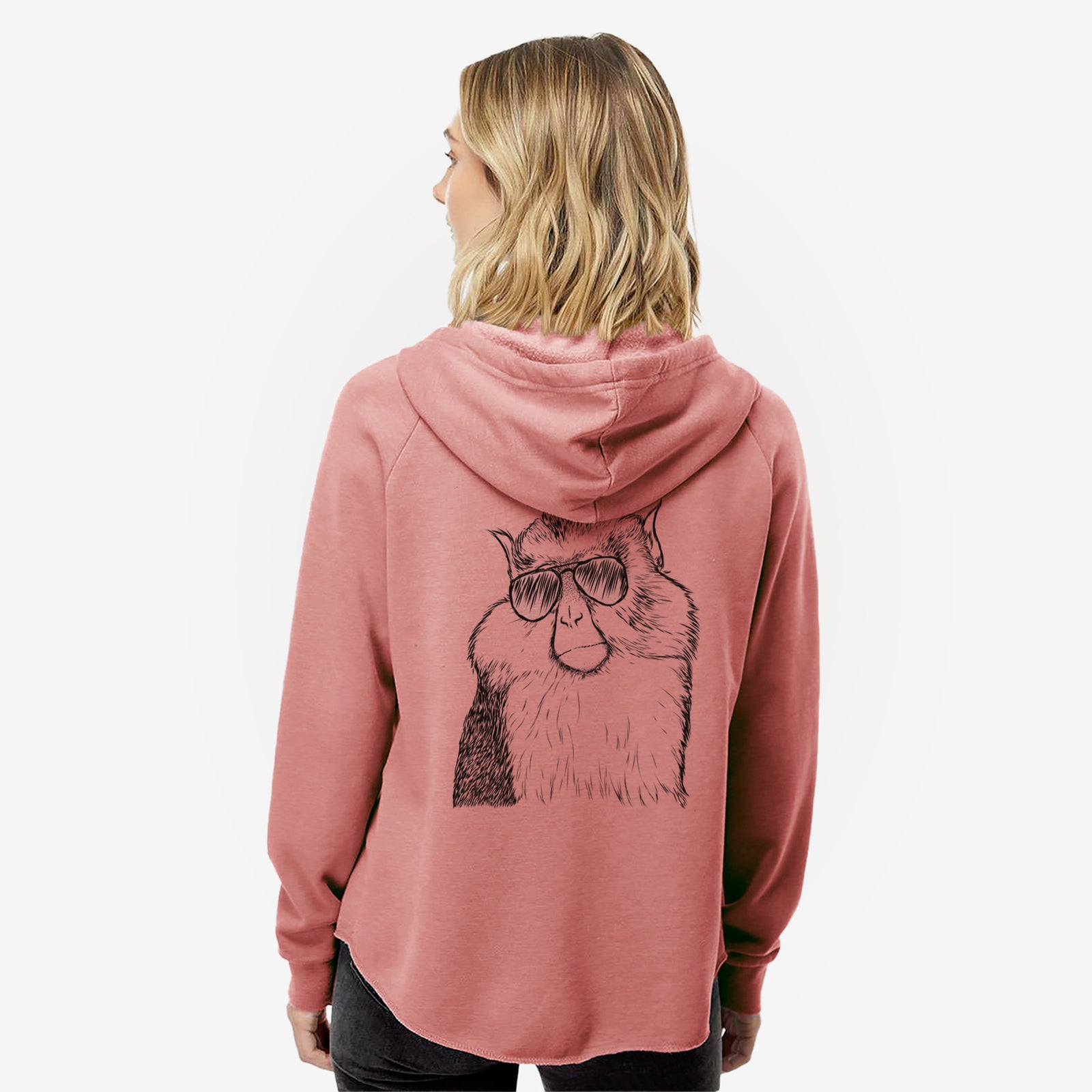 Hand-drawn sketch of Matata the Mona Monkey wearing aviator sunglasses on a Dusty Rose Women's cali wave zip-up sweatshirt