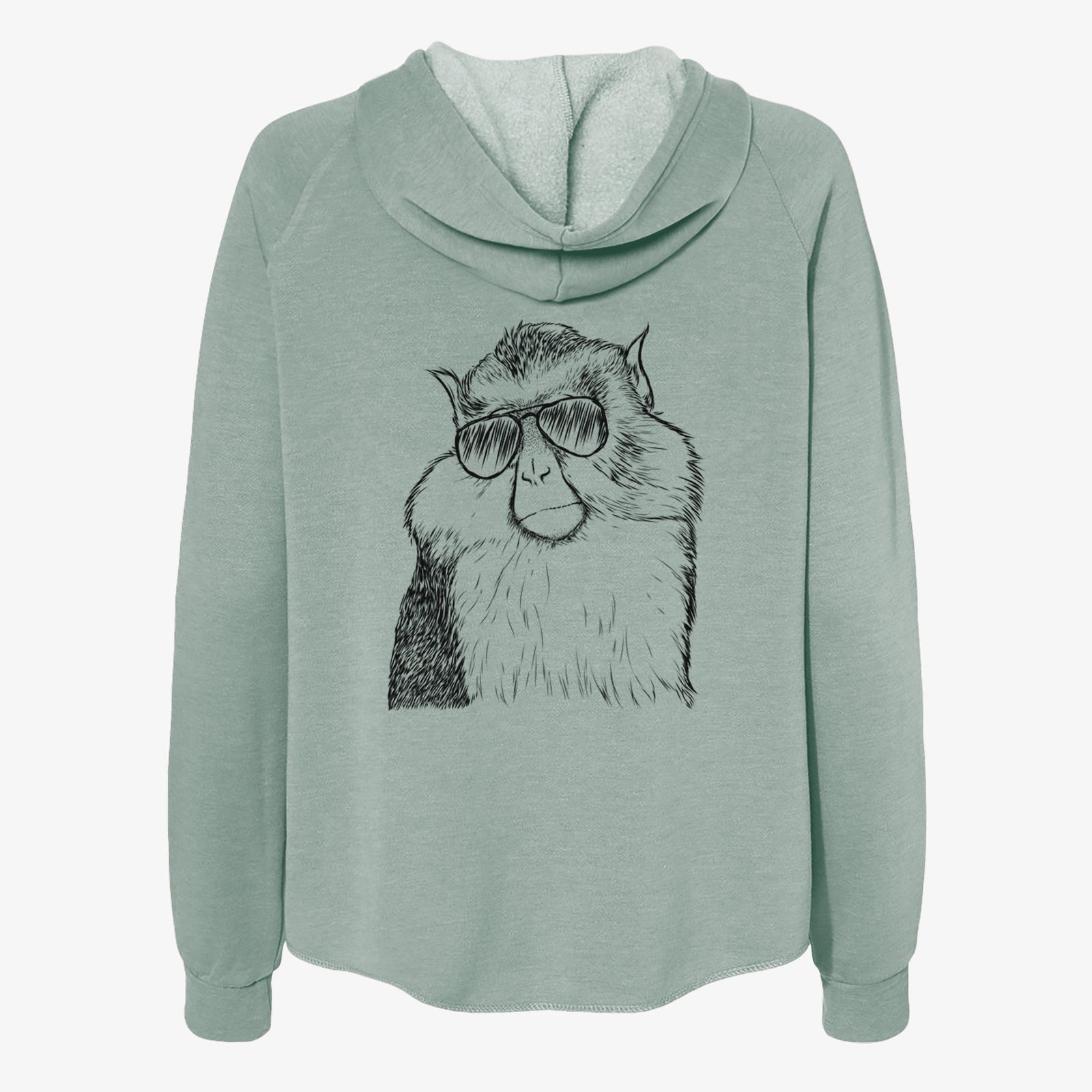 Hand-drawn sketch of Matata the Mona Monkey wearing aviator sunglasses on a Sage Women's cali wave zip-up sweatshirt