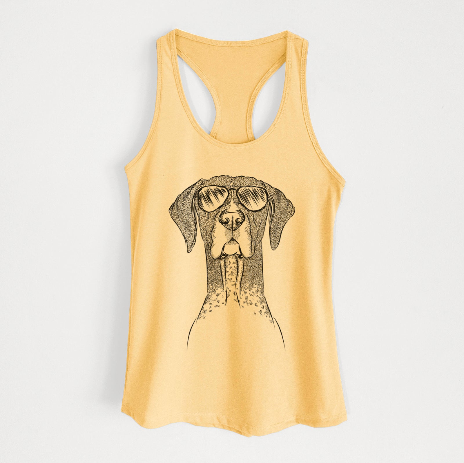 Hand-drawn sketch of Mattis the German Shorthaired Pointer wearing aviator sunglasses on a Banana Cream Women's racerback tanktop