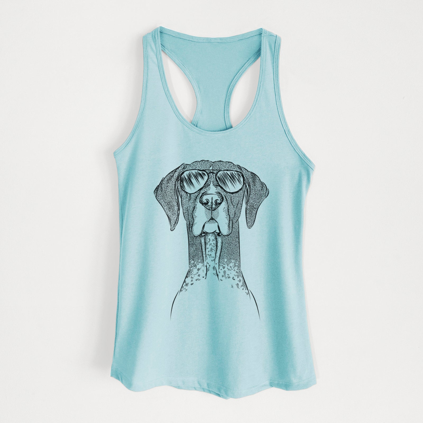 Hand-drawn sketch of Mattis the German Shorthaired Pointer wearing aviator sunglasses on a Cancun Blue Women's racerback tanktop