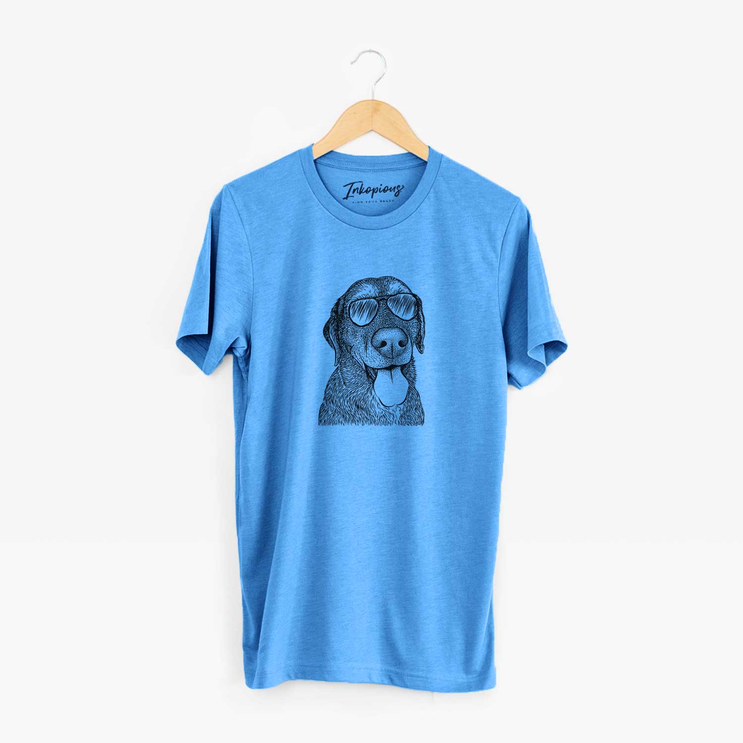 Hand-drawn sketch of Max the Labrador Retriever wearing aviator sunglasses on a Blue Unisex crewneck