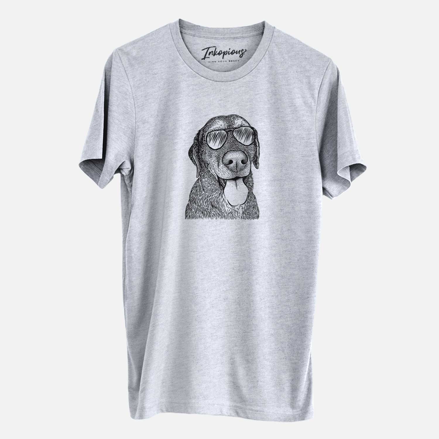 Hand-drawn sketch of Max the Labrador Retriever wearing aviator sunglasses on a Grey Unisex crewneck