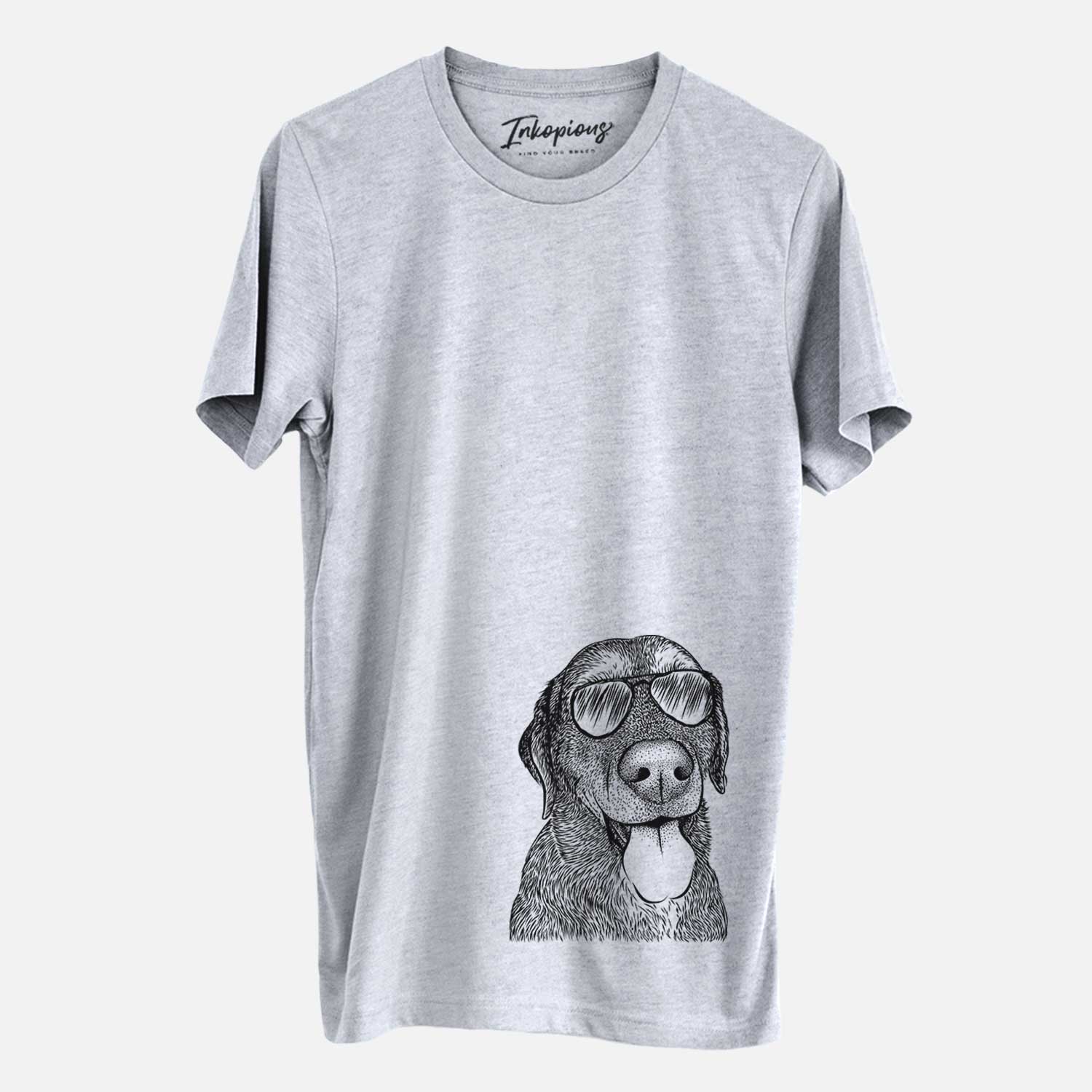 Hand-drawn sketch of Max the Labrador Retriever wearing aviator sunglasses on a Grey Unisex crewneck