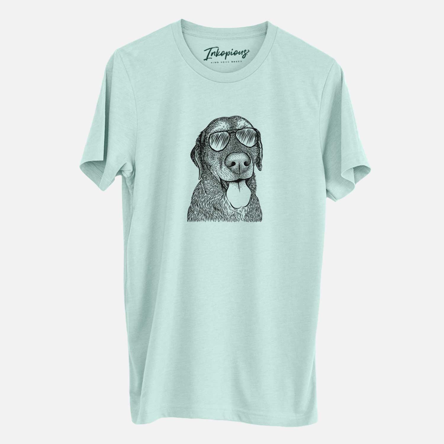 Hand-drawn sketch of Max the Labrador Retriever wearing aviator sunglasses on a Heather Sage Unisex crewneck