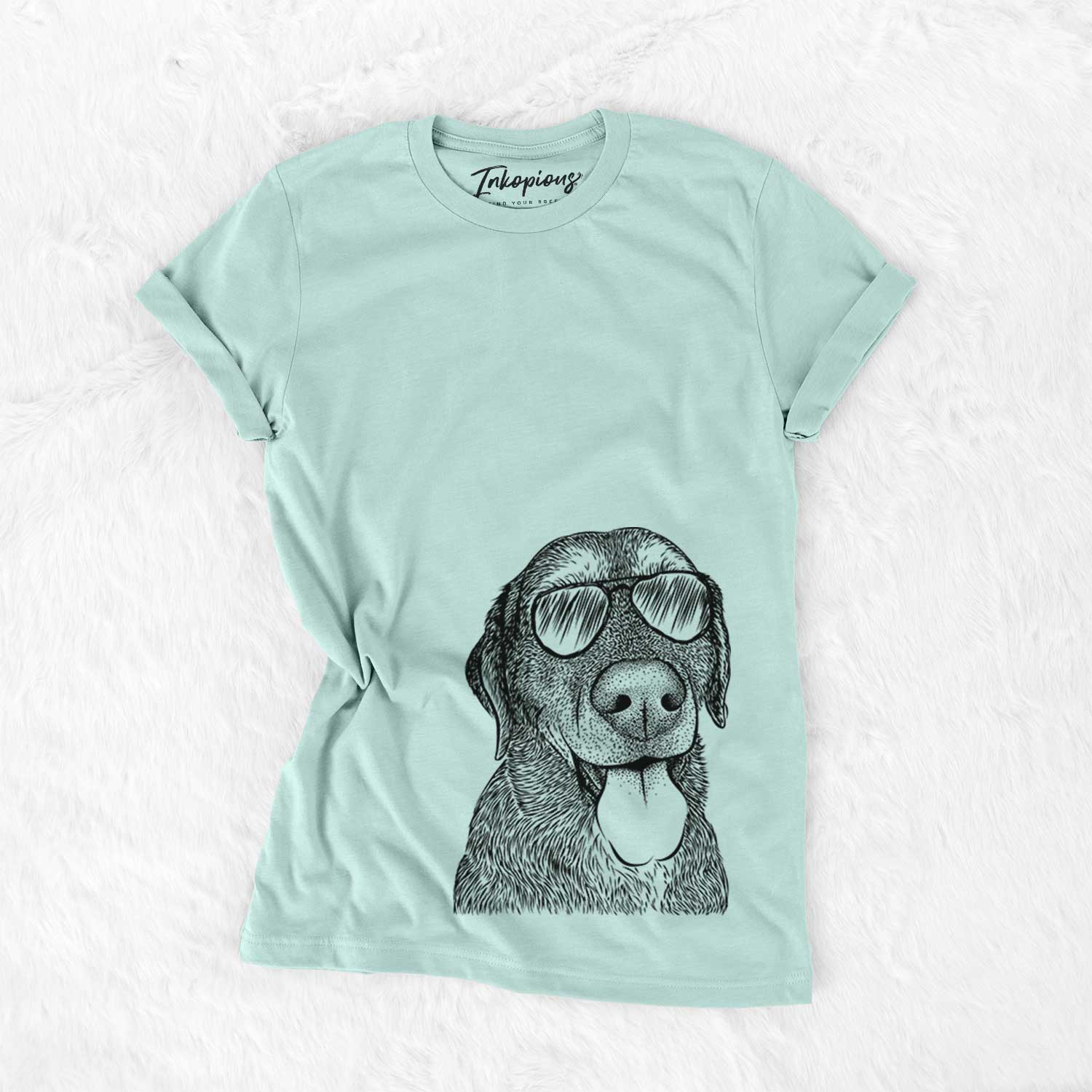 Hand-drawn sketch of Max the Labrador Retriever wearing aviator sunglasses on a Heather Sage Unisex crewneck