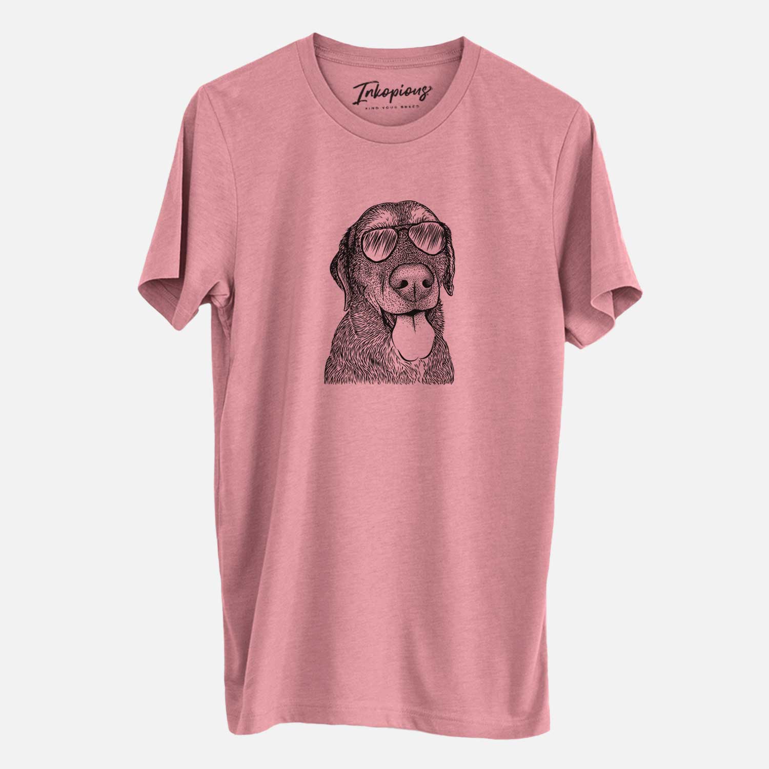 Hand-drawn sketch of Max the Labrador Retriever wearing aviator sunglasses on a Mauve Unisex crewneck