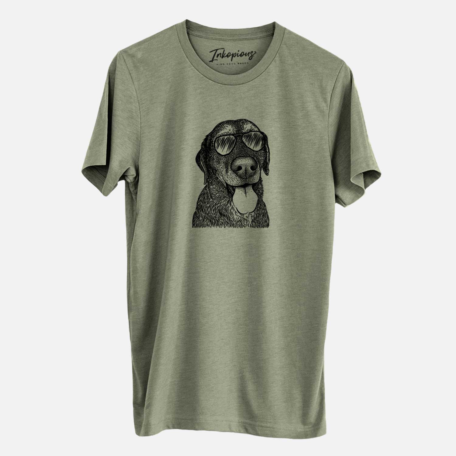 Hand-drawn sketch of Max the Labrador Retriever wearing aviator sunglasses on an Olive Unisex crewneck