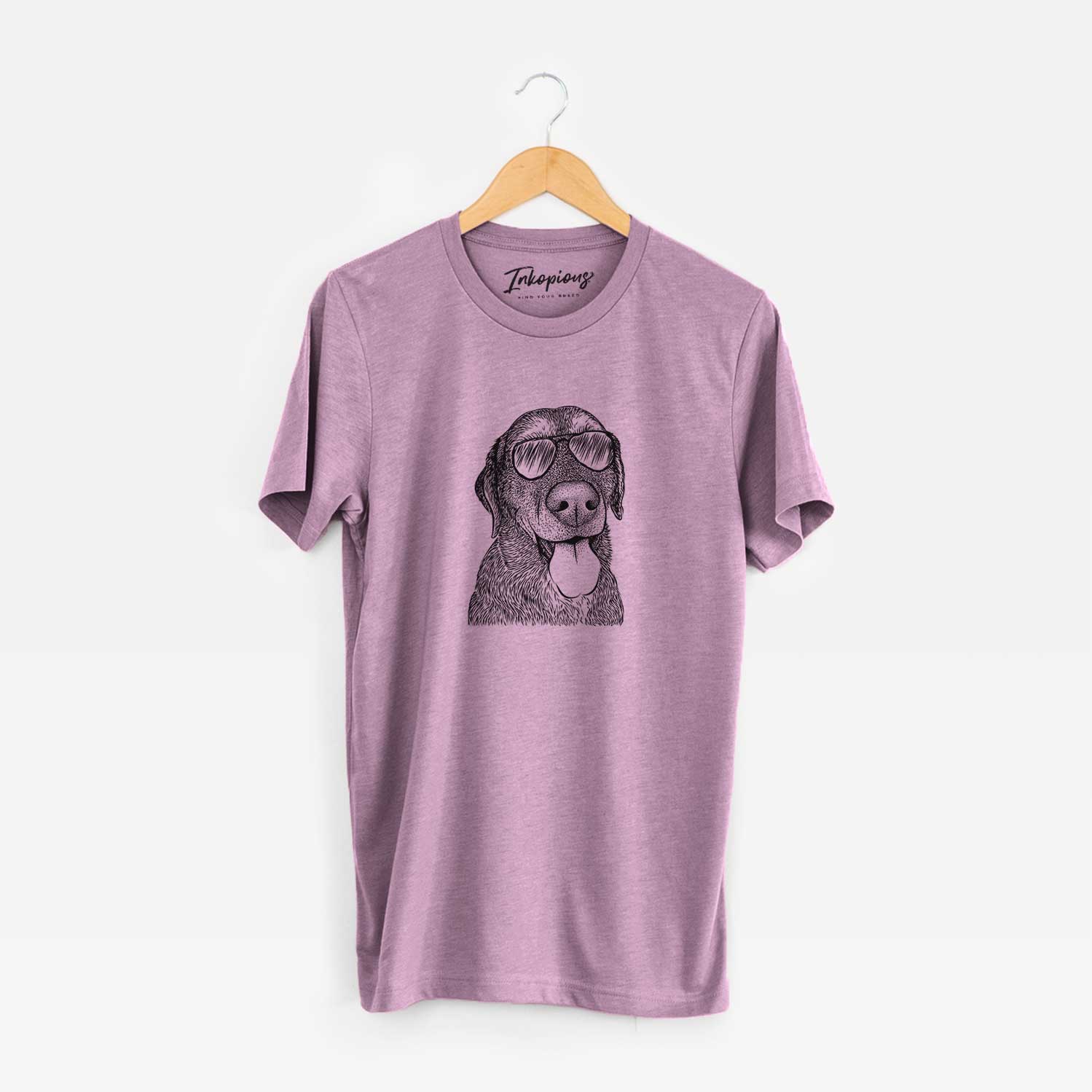 Hand-drawn sketch of Max the Labrador Retriever wearing aviator sunglasses on an Orchid Unisex crewneck