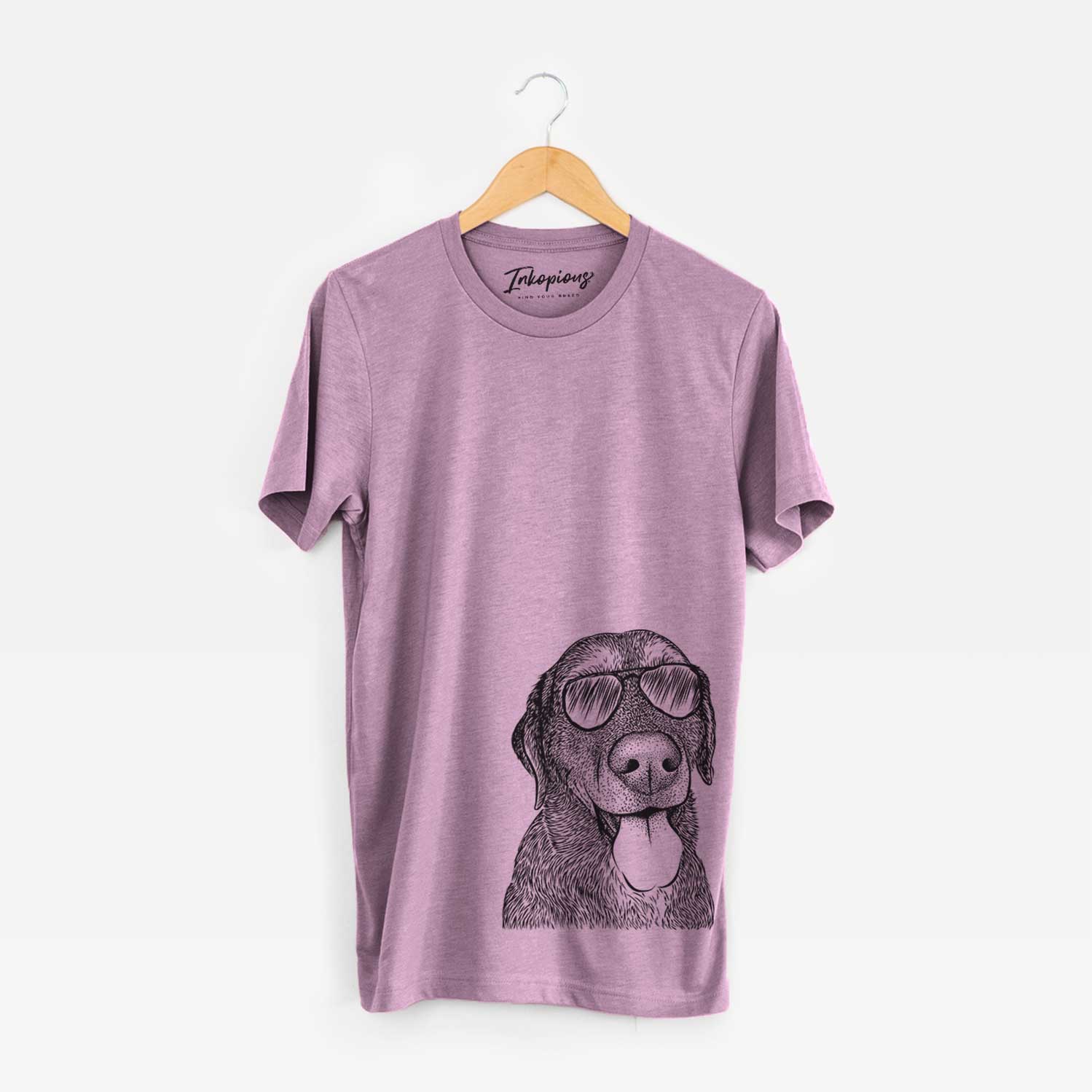 Hand-drawn sketch of Max the Labrador Retriever wearing aviator sunglasses on an Orchid Unisex crewneck