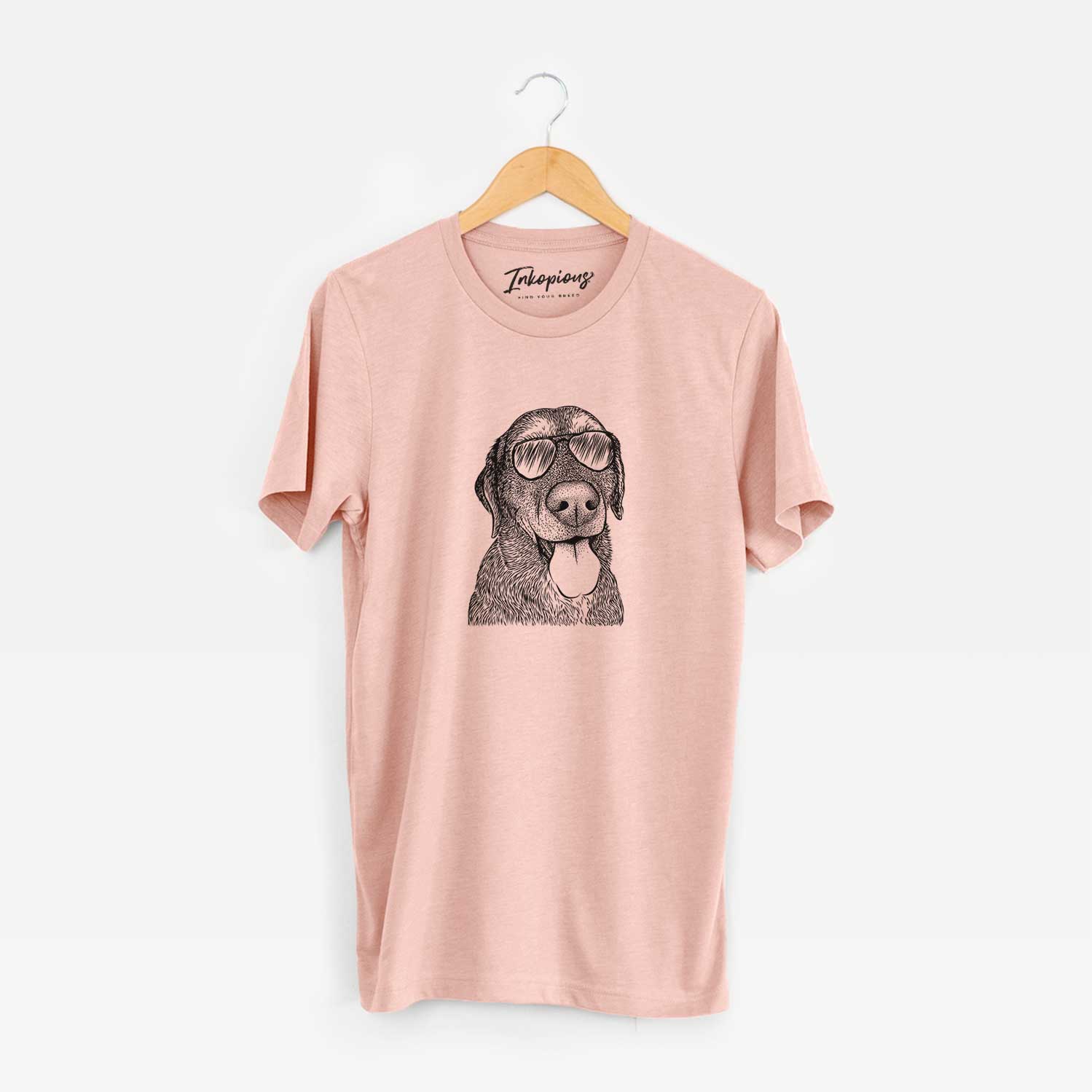 Hand-drawn sketch of Max the Labrador Retriever wearing aviator sunglasses on a Peach Unisex crewneck