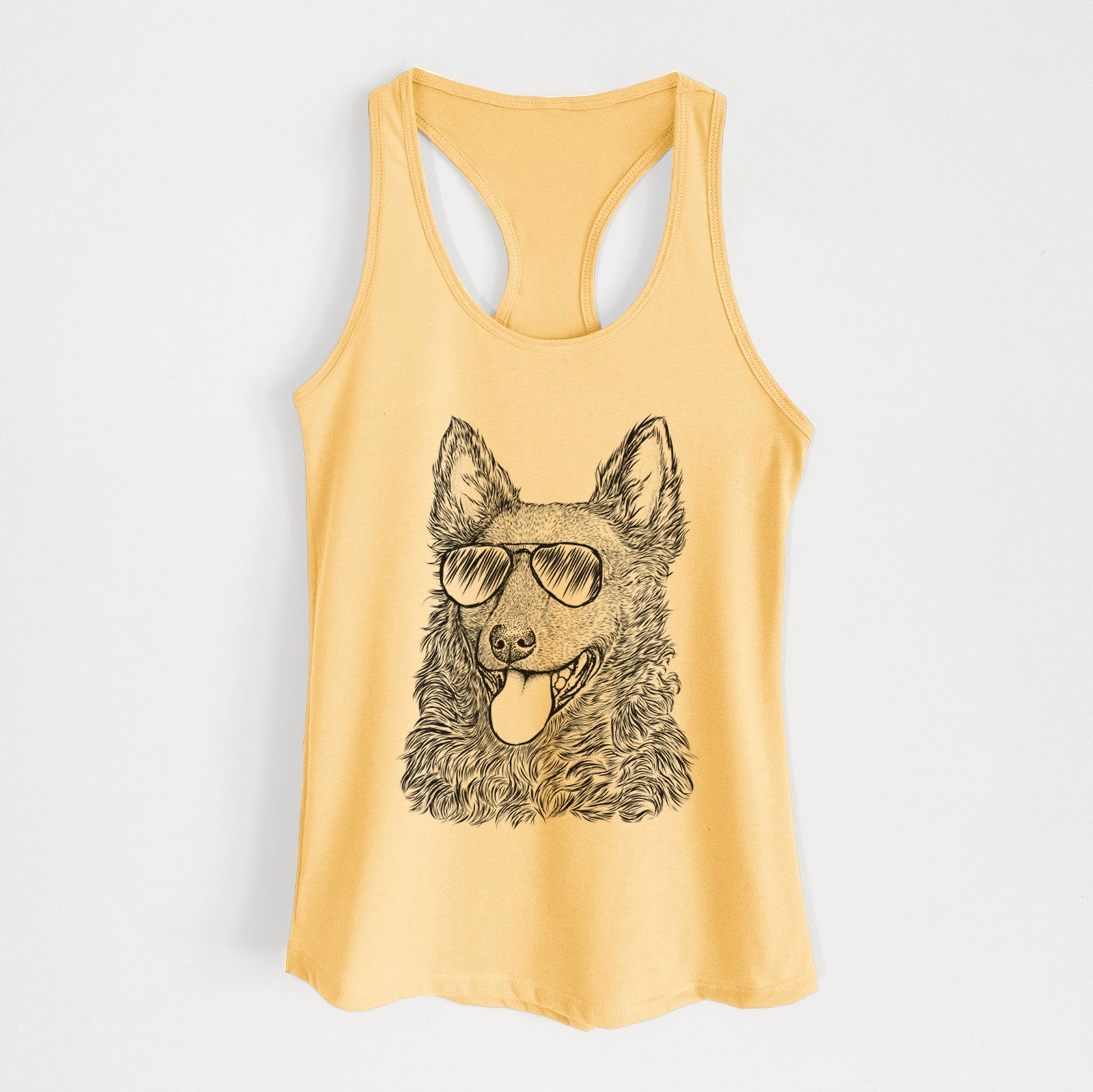 Hand-drawn sketch of Maximo the Mudi wearing aviator sunglasses on a Banana Cream Women's racerback tanktop
