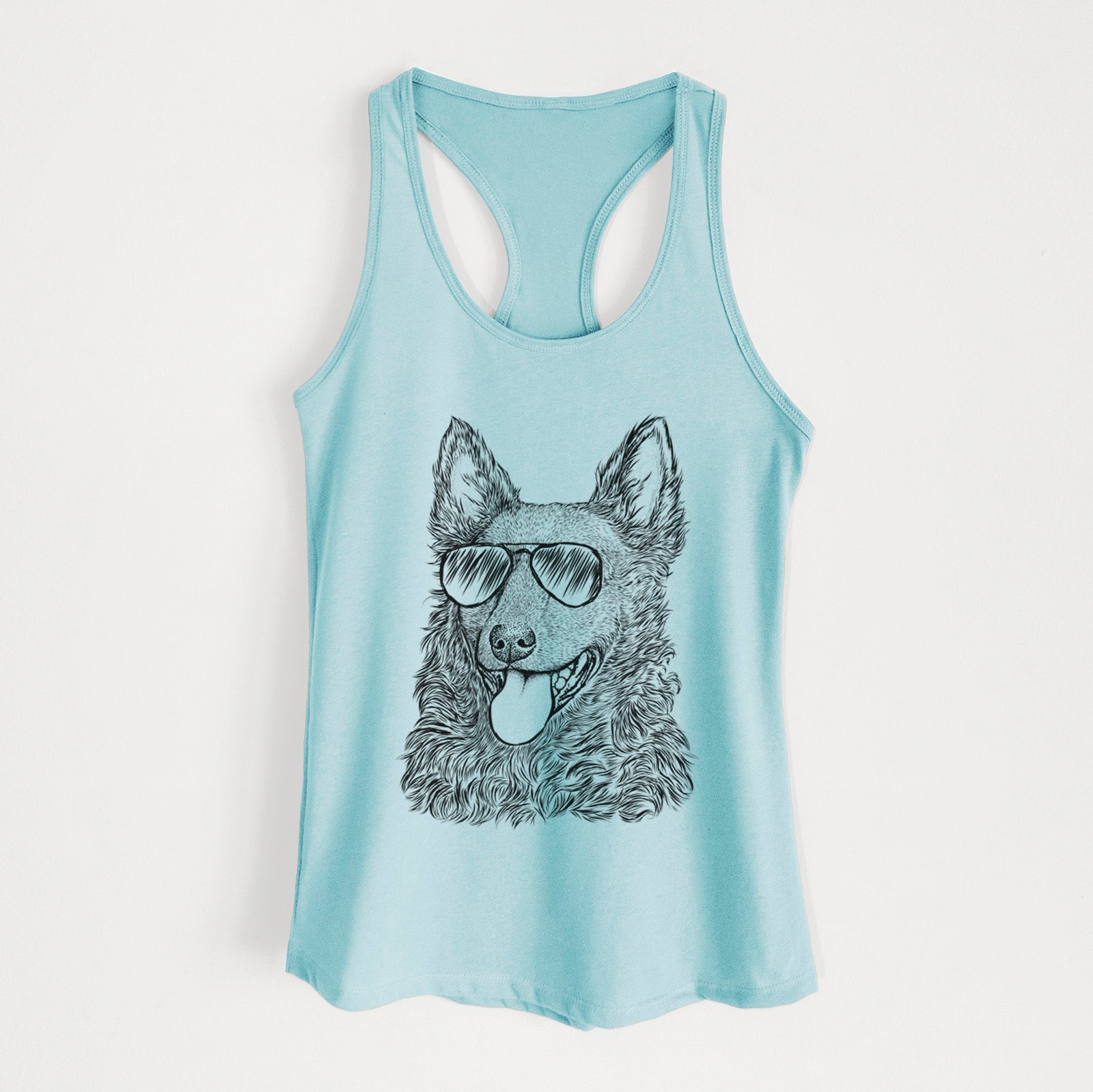 Hand-drawn sketch of Maximo the Mudi wearing aviator sunglasses on a Cancun Blue Women's racerback tanktop