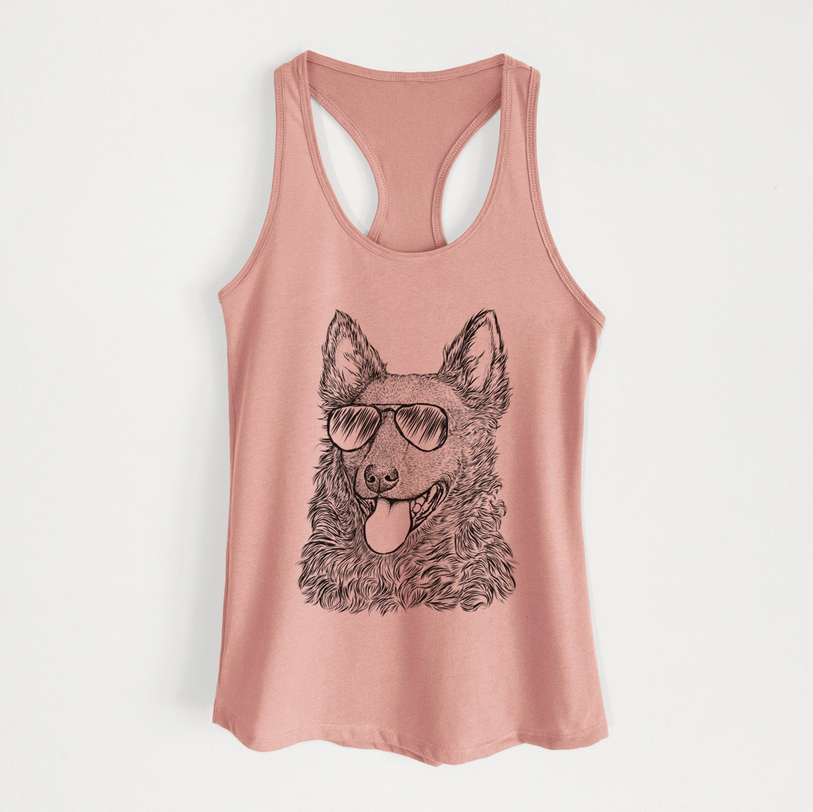 Hand-drawn sketch of Maximo the Mudi wearing aviator sunglasses on a Desert Pink Women's racerback tanktop