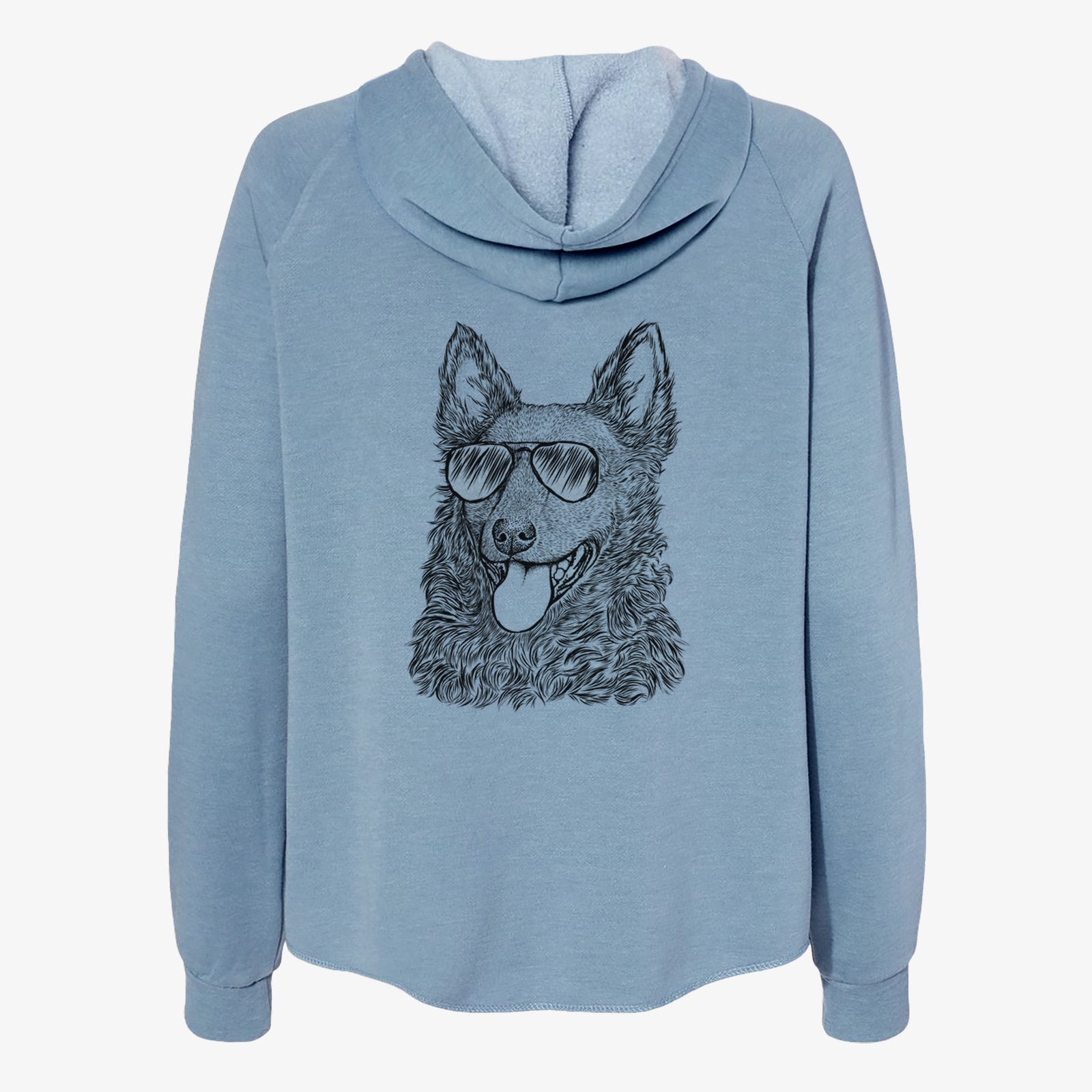Hand-drawn sketch of Maximo the Mudi wearing aviator sunglasses on a Misty Blue Women's cali wave zip-up sweatshirt