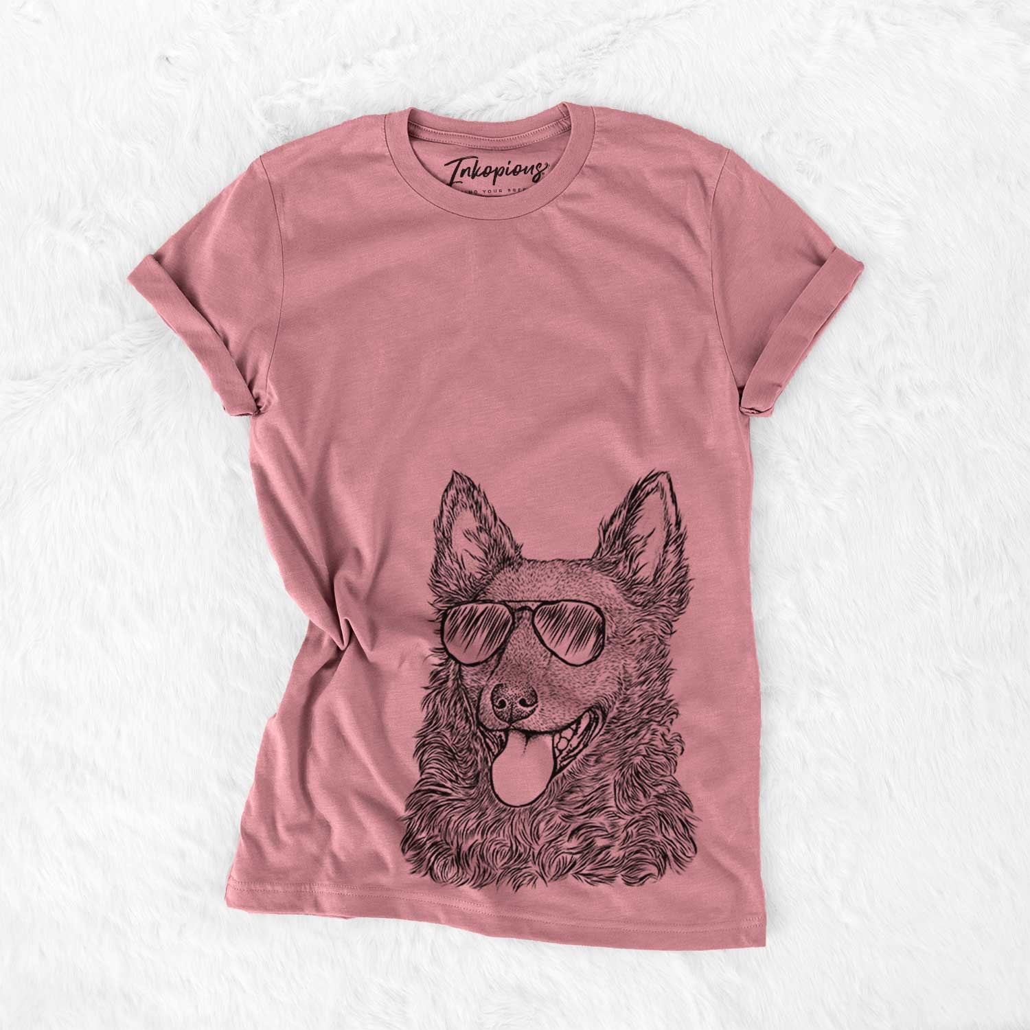 Hand-drawn sketch of Maximo the Mudi wearing aviator sunglasses on a Mauve Bella Canvas Unisex Crewneck