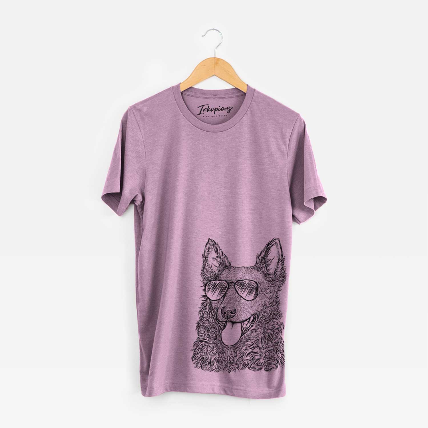 Hand-drawn sketch of Maximo the Mudi wearing aviator sunglasses on an Orchid Bella Canvas Unisex Crewneck