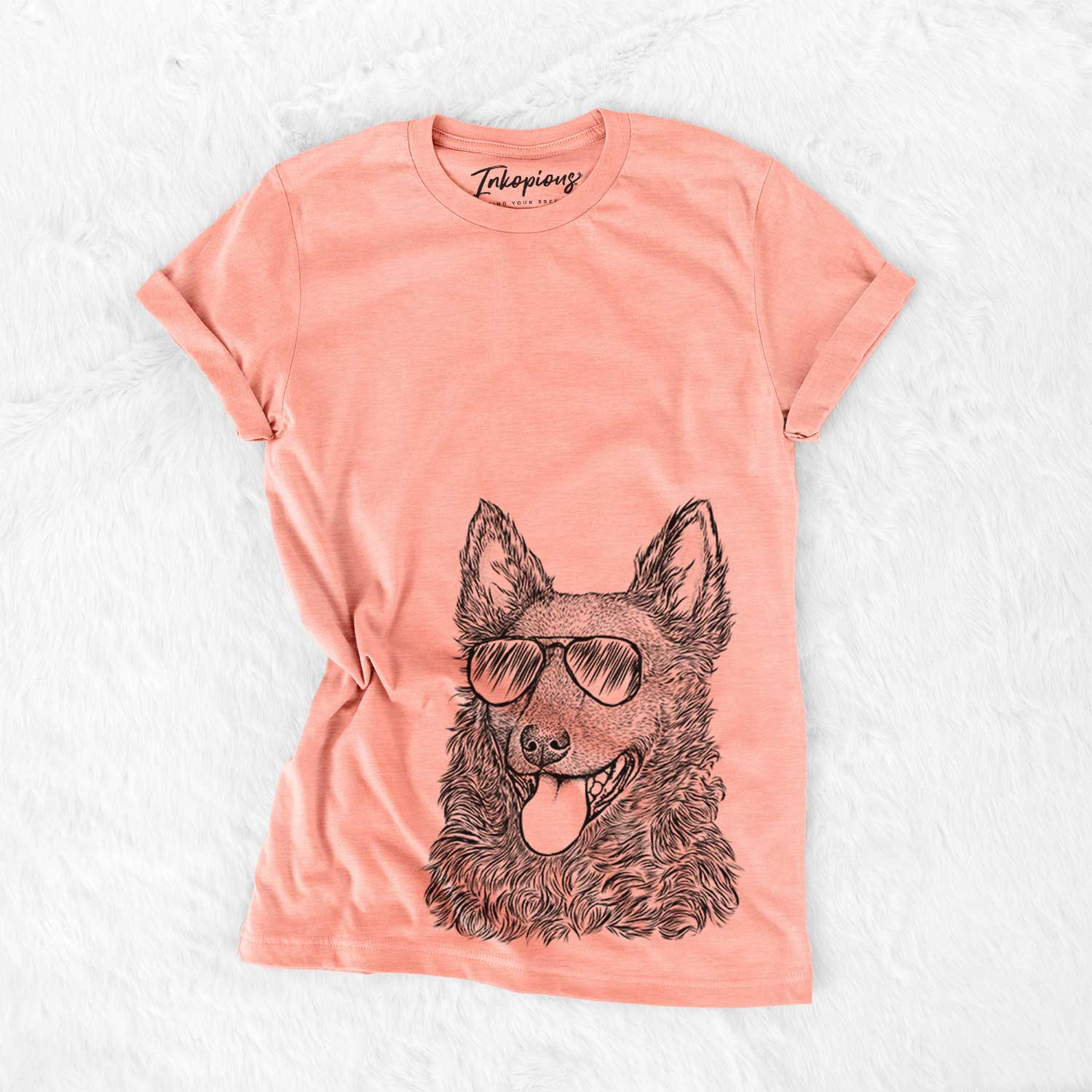 Hand-drawn sketch of Maximo the Mudi wearing aviator sunglasses on a Sunset Bella Canvas Unisex Crewneck