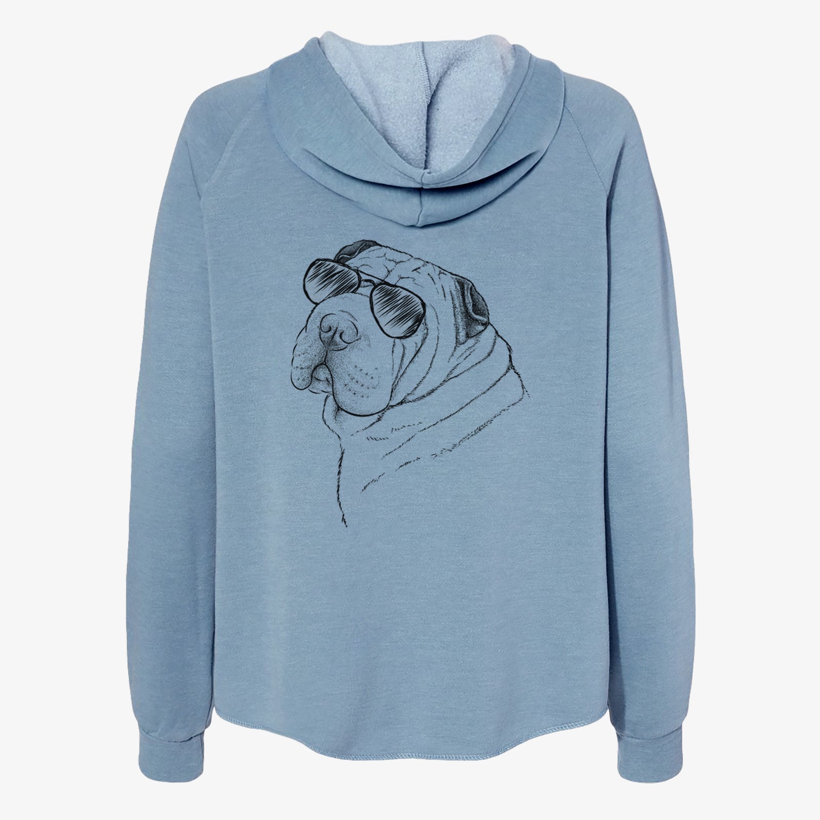 Hand-drawn sketch of Maximus the Shar Pei wearing aviator sunglasses on a Misty Blue Women's cali wave zip-up sweatshirt