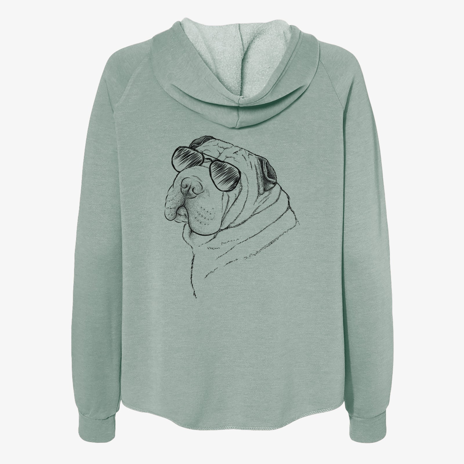 Hand-drawn sketch of Maximus the Shar Pei wearing aviator sunglasses on a Sage Women's cali wave zip-up sweatshirt