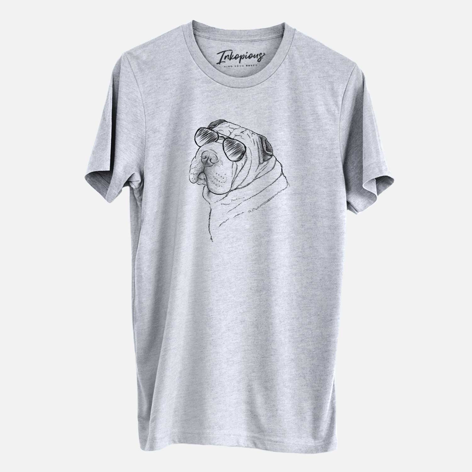 Hand-drawn sketch of Maximus the Shar Pei wearing aviator sunglasses on a Grey Unisex crewneck