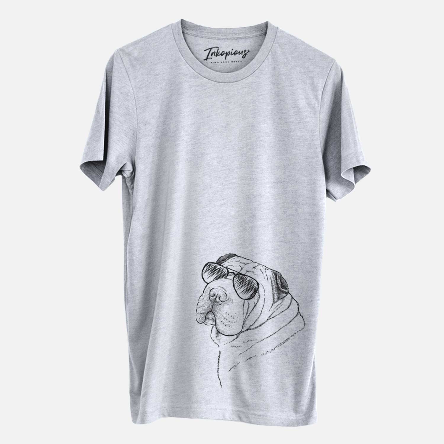 Hand-drawn sketch of Maximus the Shar Pei wearing aviator sunglasses on a Grey Unisex crewneck