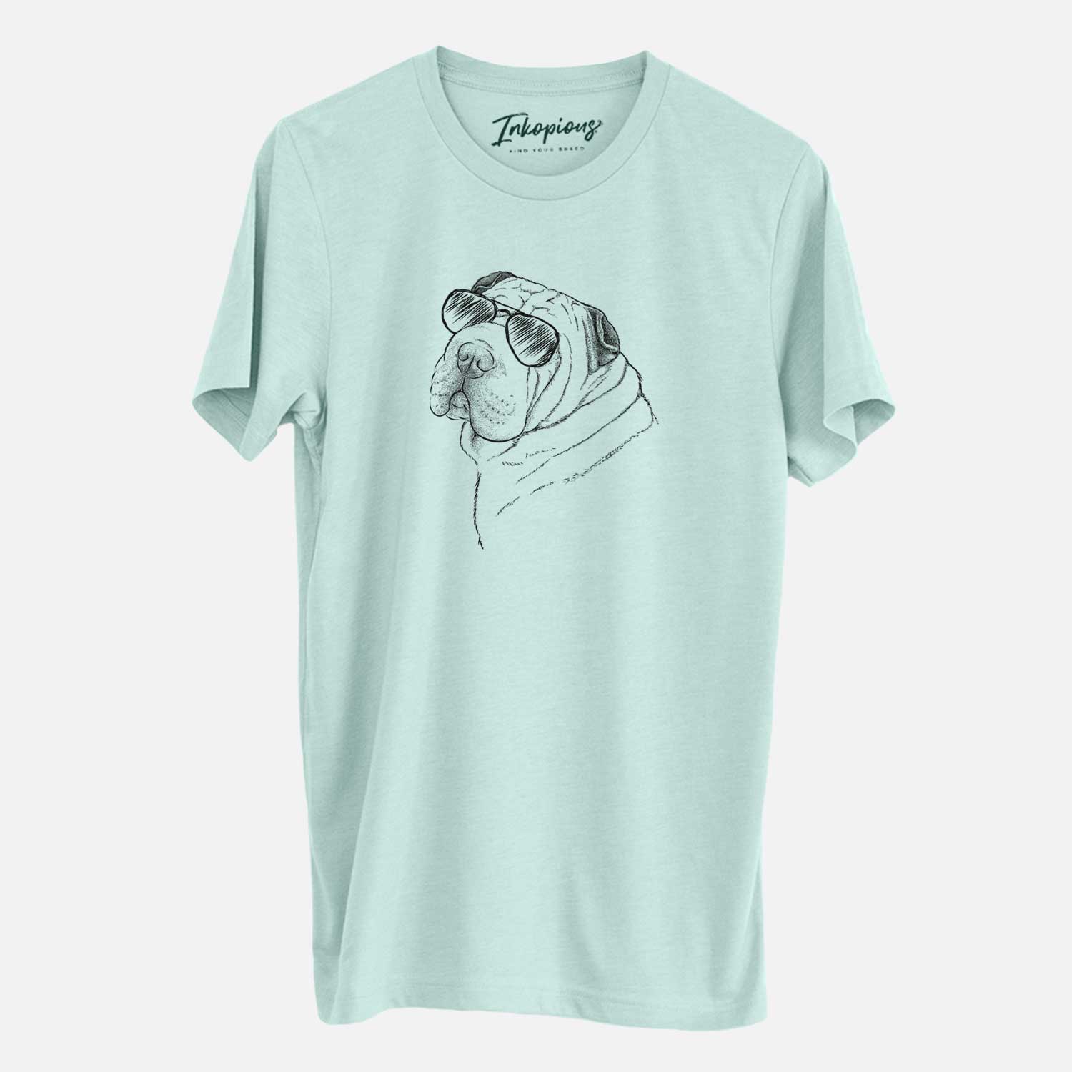 Hand-drawn sketch of Maximus the Shar Pei wearing aviator sunglasses on a Heather Sage Unisex crewneck
