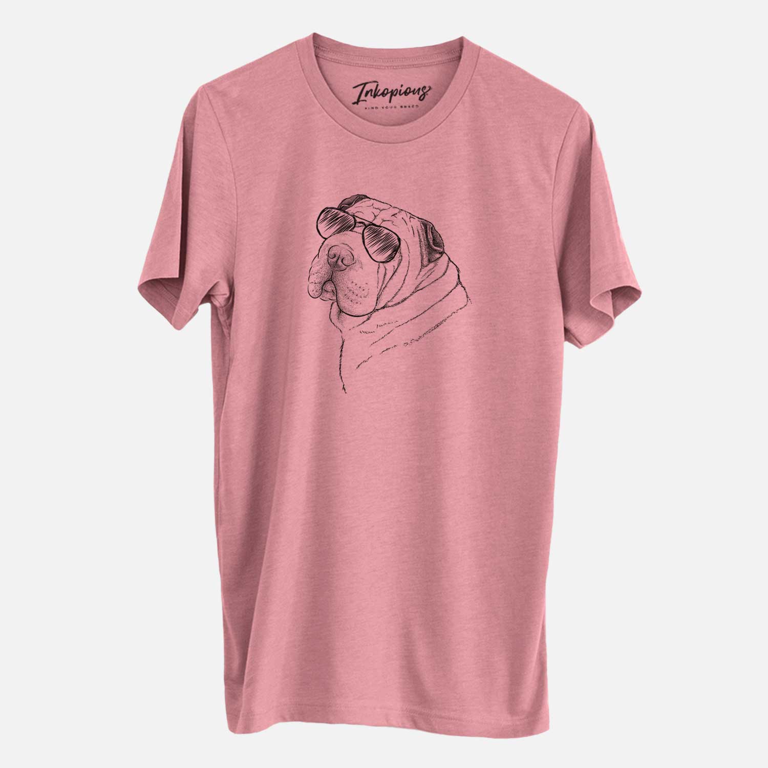 Hand-drawn sketch of Maximus the Shar Pei wearing aviator sunglasses on a Mauve Unisex crewneck