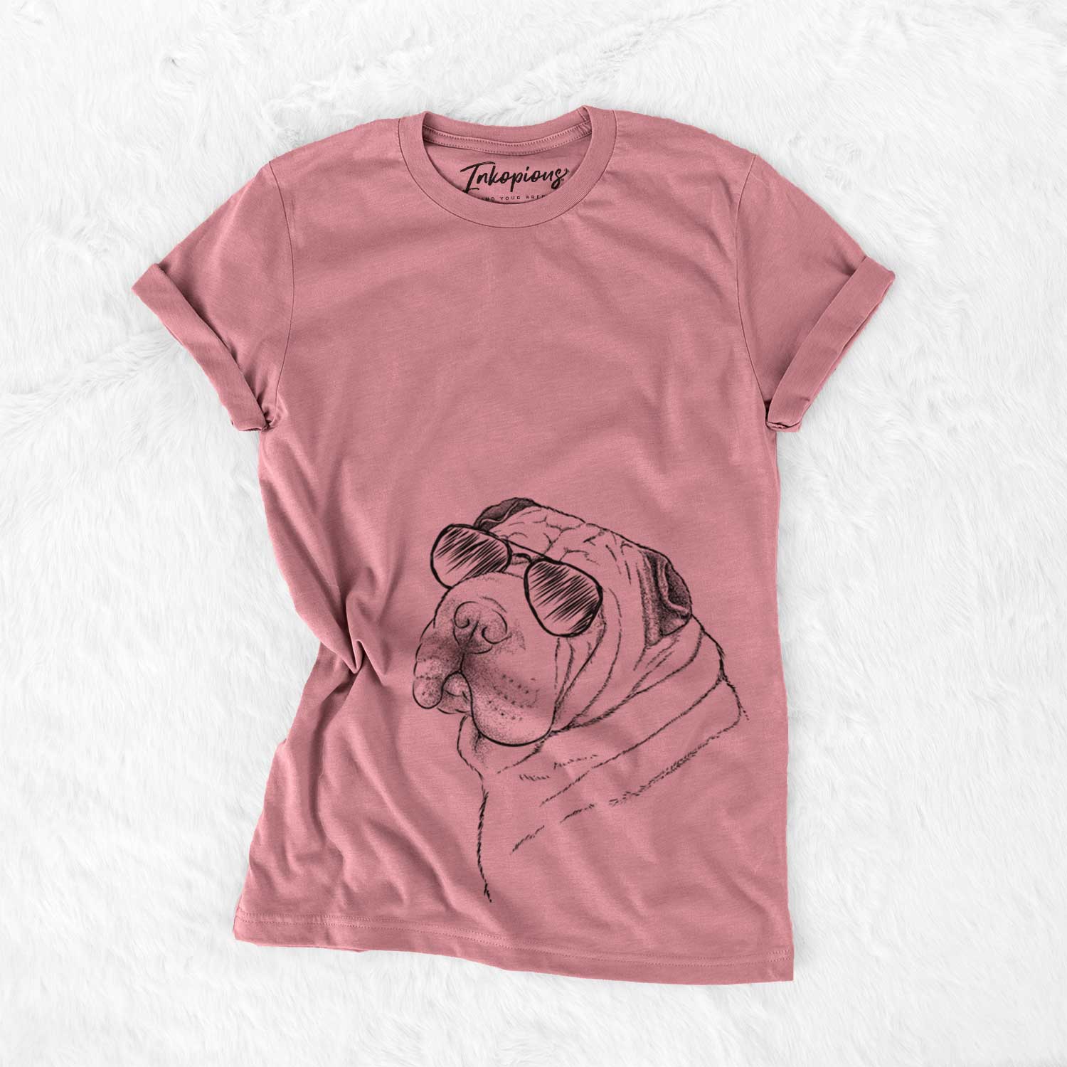 Hand-drawn sketch of Maximus the Shar Pei wearing aviator sunglasses on a Mauve Unisex crewneck