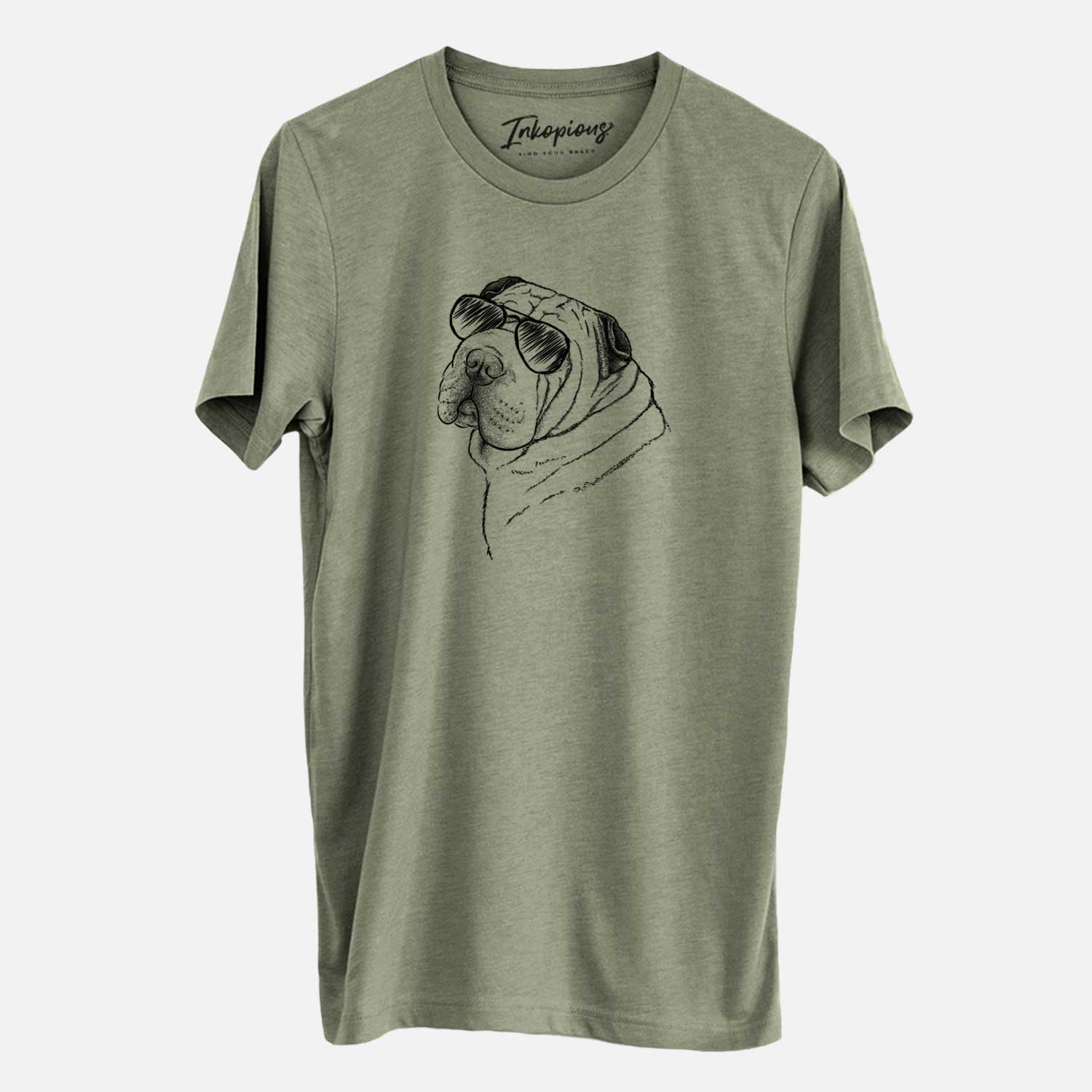 Hand-drawn sketch of Maximus the Shar Pei wearing aviator sunglasses on an Olive Unisex crewneck