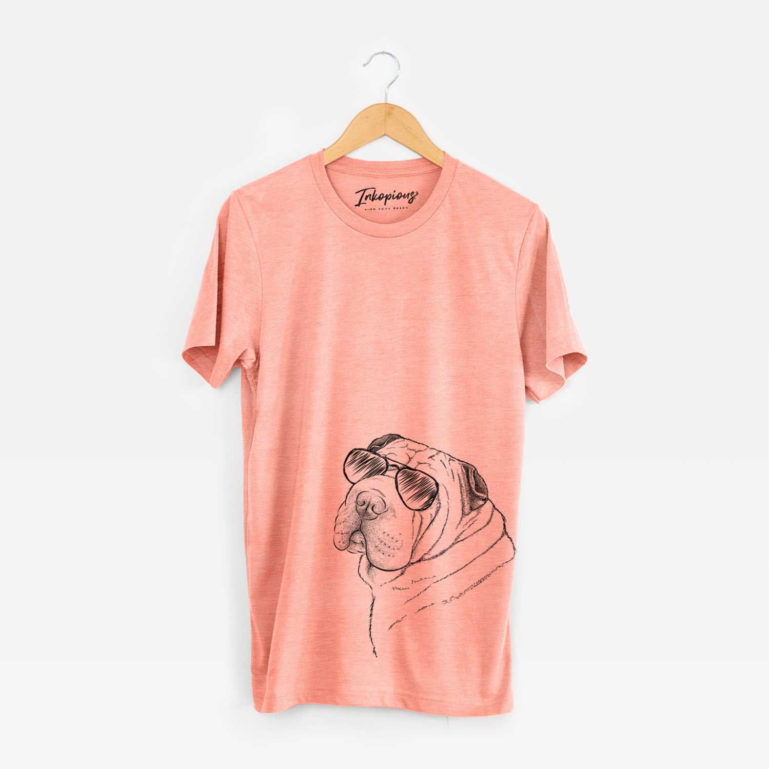 Hand-drawn sketch of Maximus the Shar Pei wearing aviator sunglasses on a Sunset Unisex crewneck