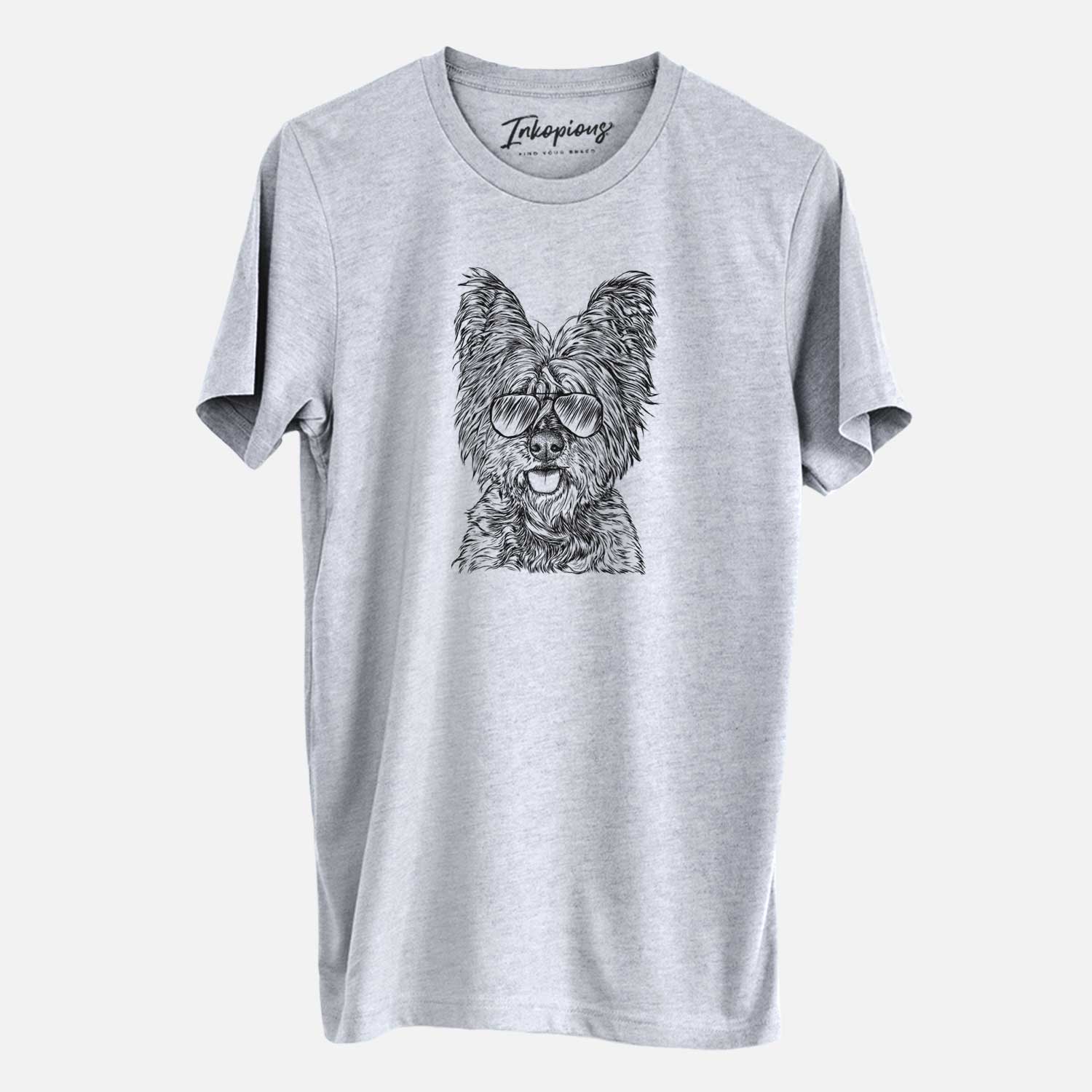 Hand-drawn sketch of McDuff the Cairn Terrier wearing aviator sunglasses on a Grey Unisex crewneck