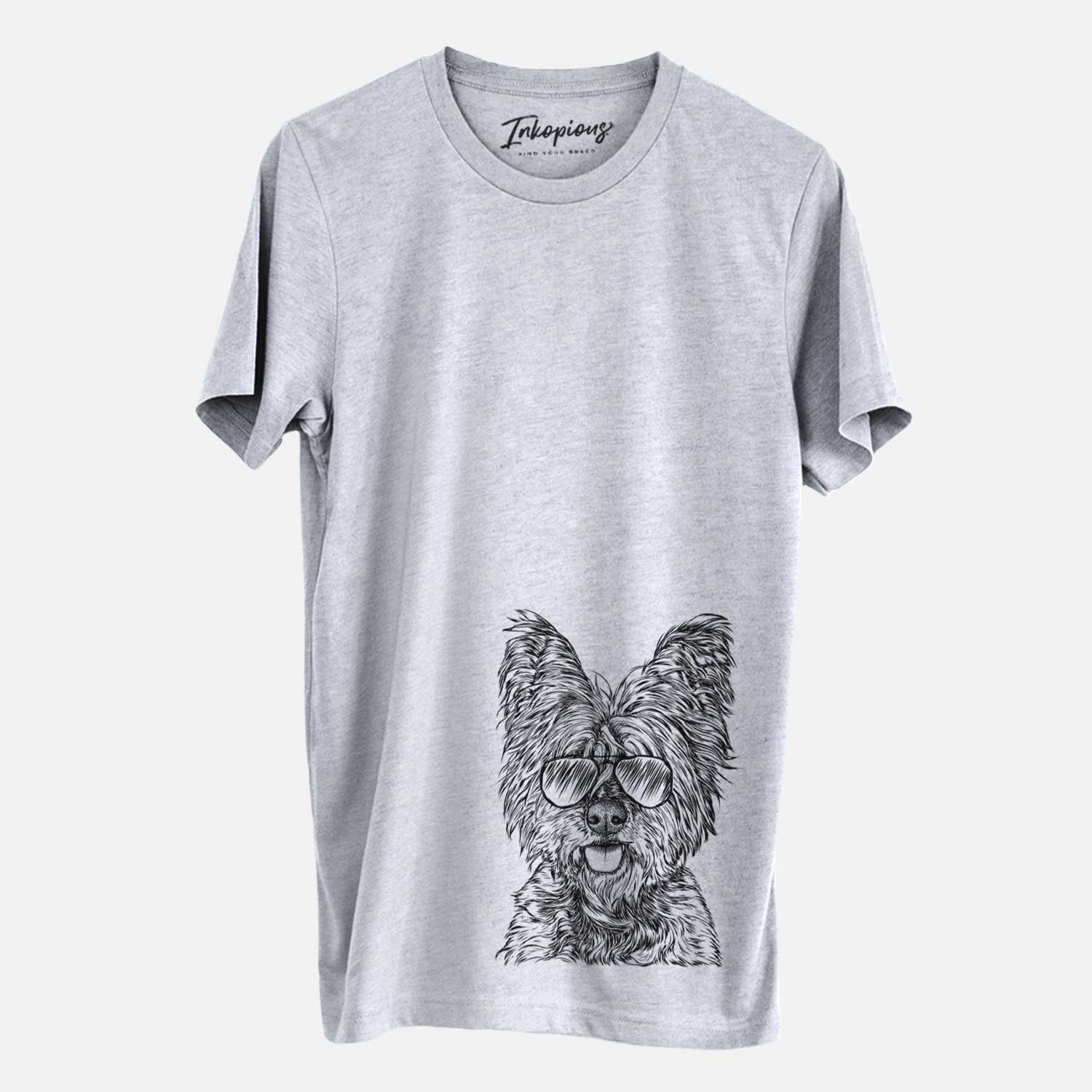 Hand-drawn sketch of McDuff the Cairn Terrier wearing aviator sunglasses on a Grey Unisex crewneck